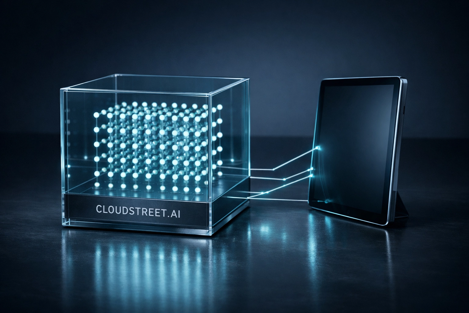 A glass cube representing unified data and inventory connected to a digital tablet for Customer 360 insights.