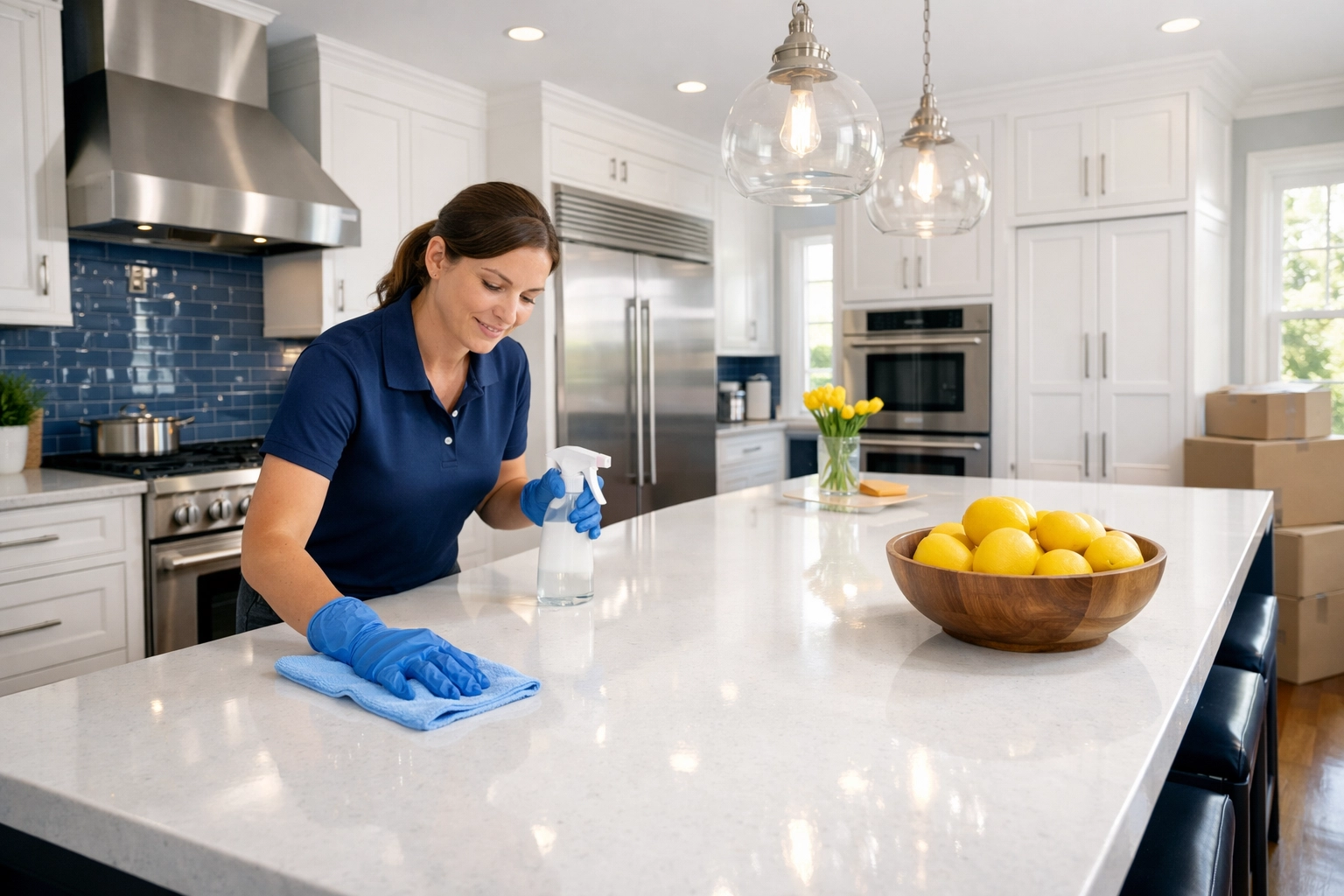 Professional move-in cleaning service sanitizing a modern white kitchen in Massachusetts.
