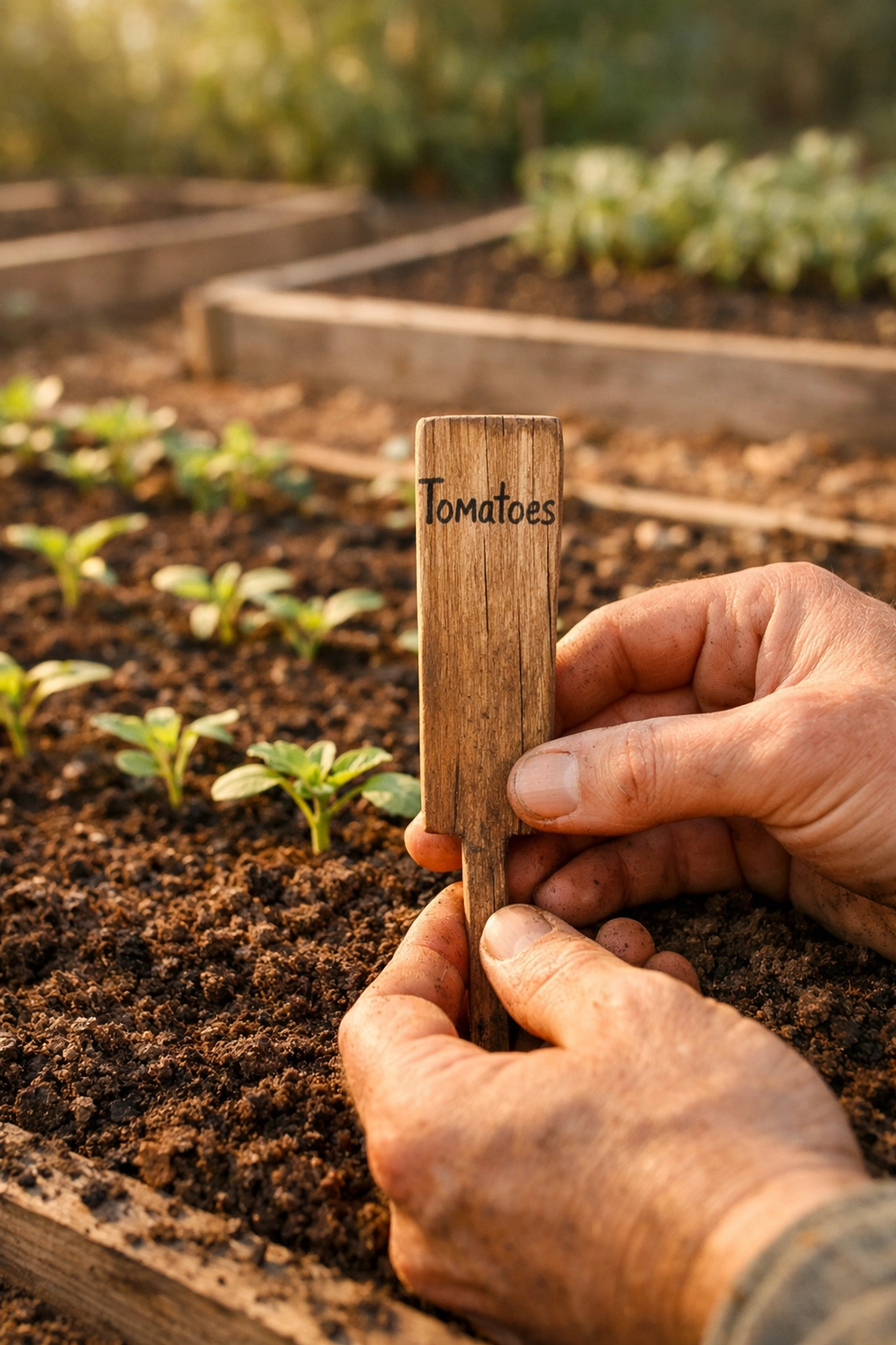 Garden marker in organized raised bed showing crop rotation planting sections with young seedlings