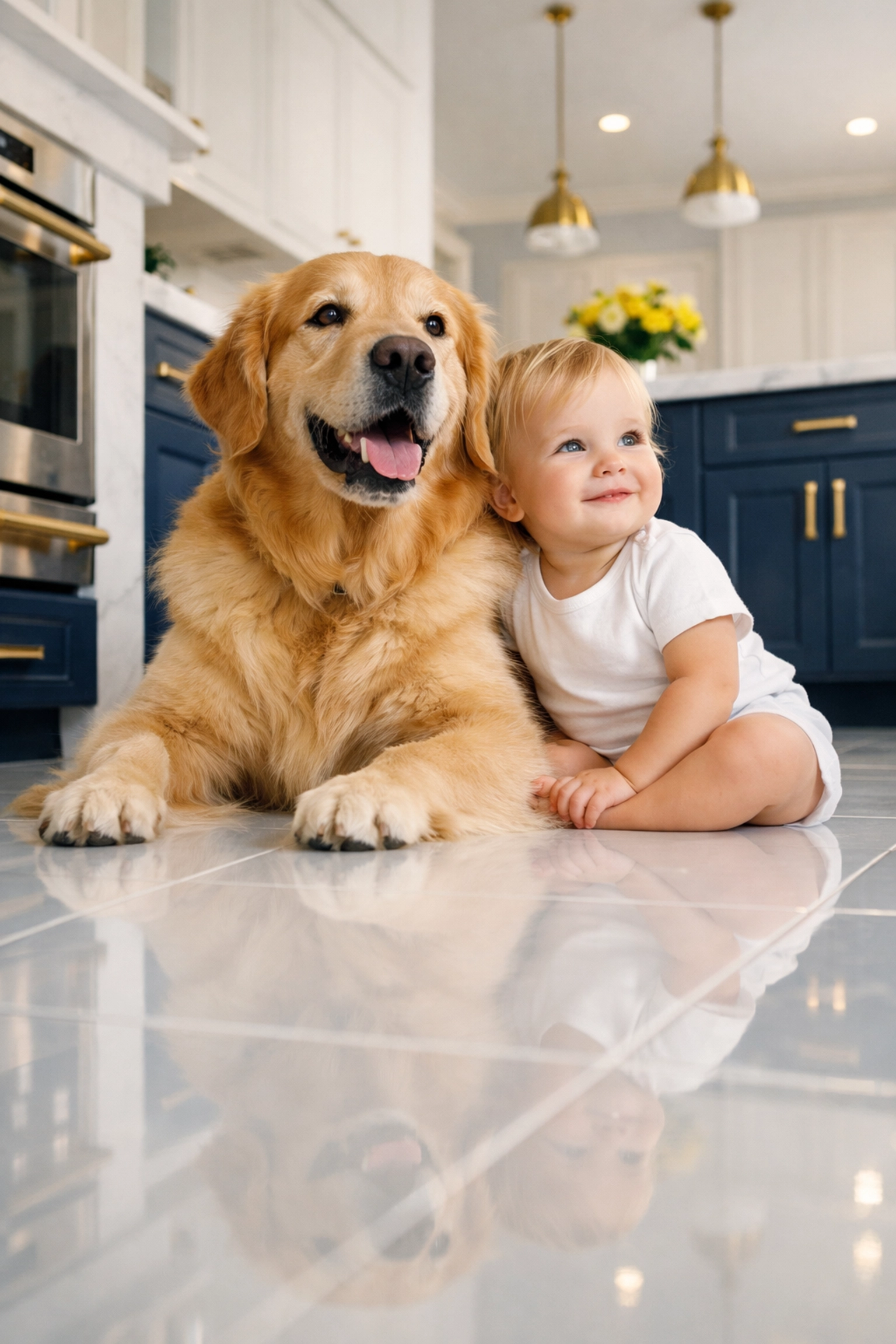 A toddler and dog sitting on a clean kitchen floor sanitized with non-toxic, eco-friendly products.