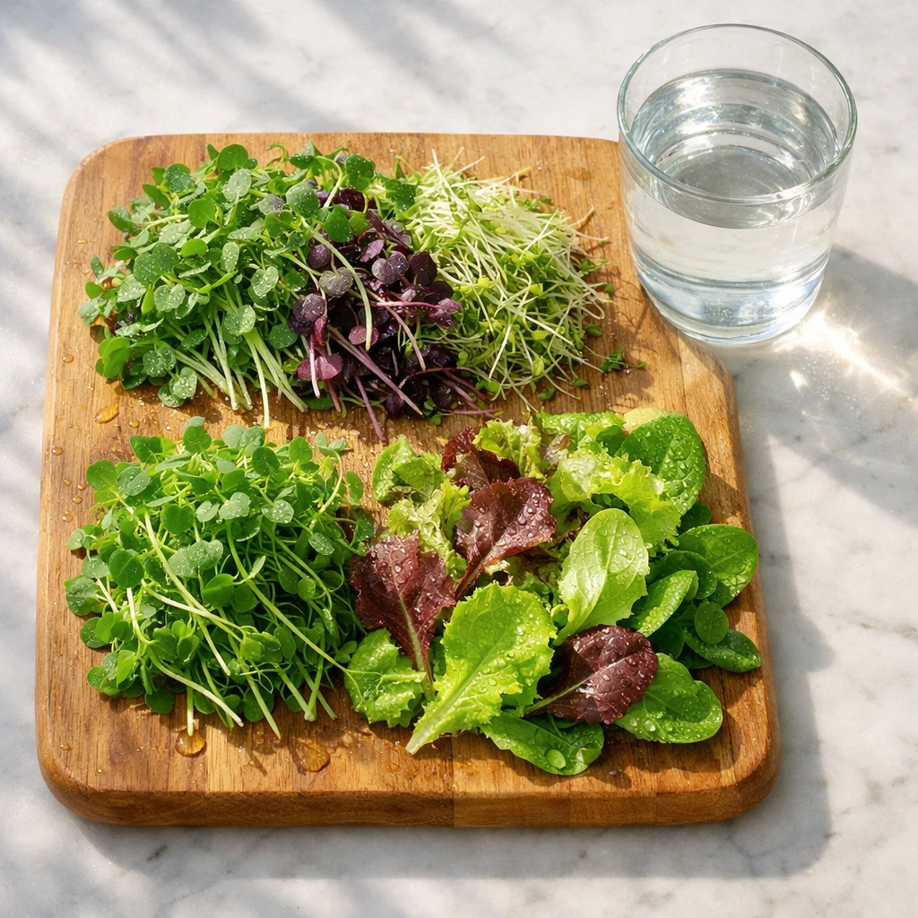 Freshly harvested hydroponic microgreens and lettuce on cutting board