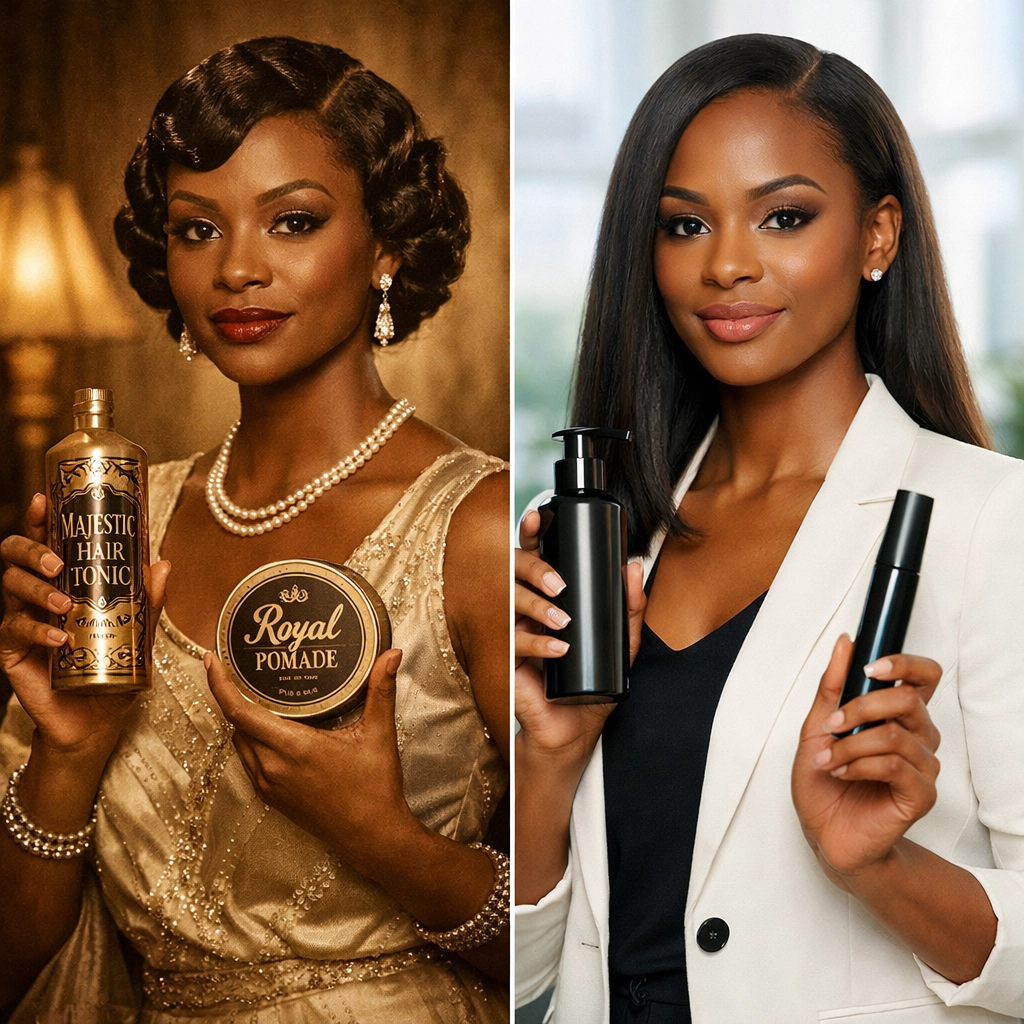Historical and modern Black female entrepreneurs with beauty products showing generational Black business legacy