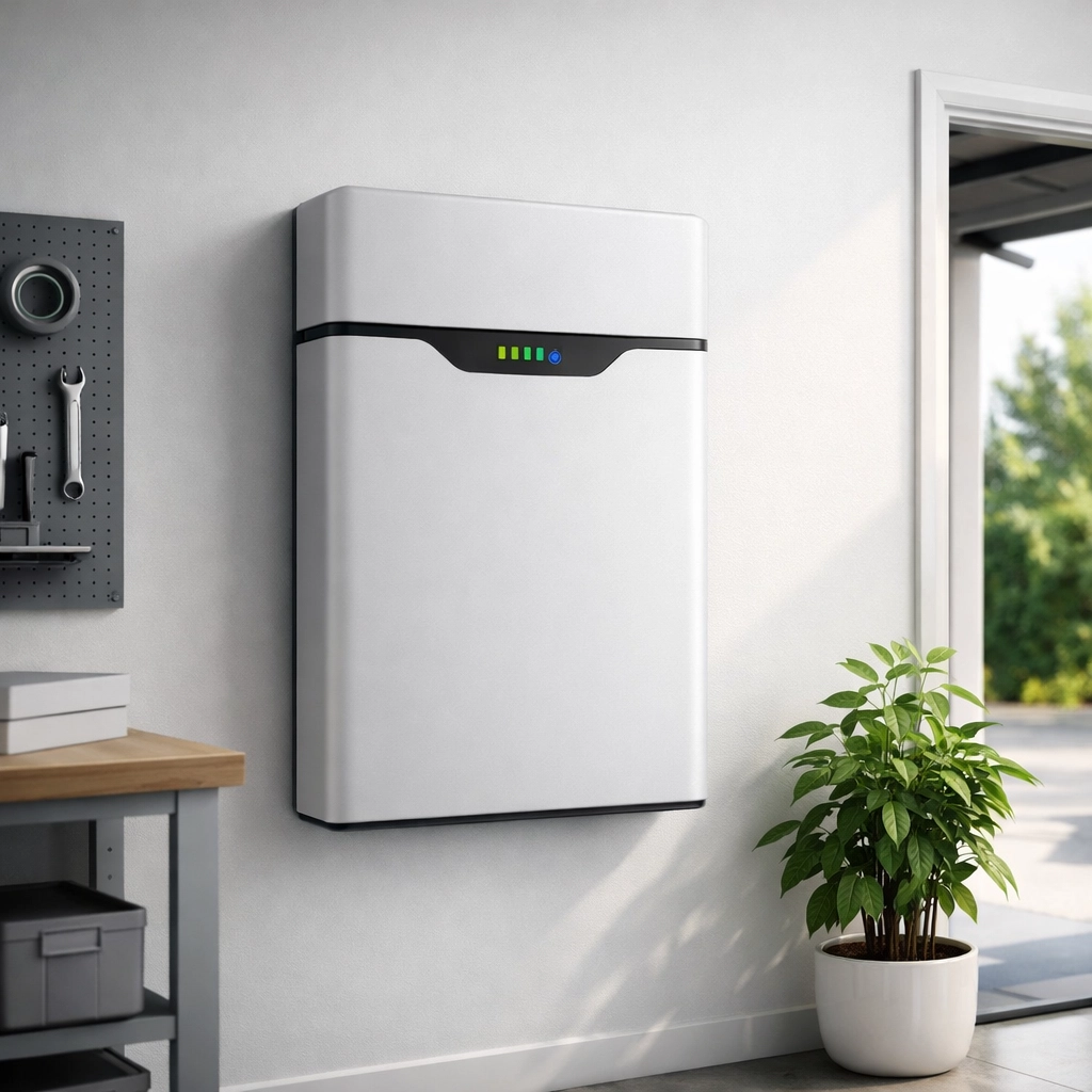 Wall-mounted home battery storage system for capturing solar energy to charge an EV.