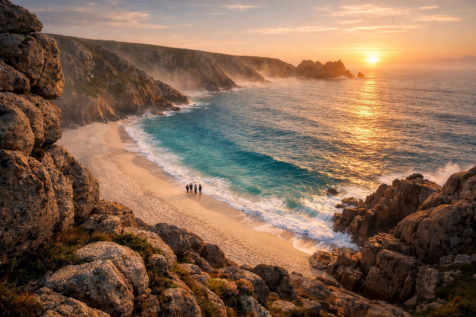 Family gathering at Porthcurno Beach, Cornwall, for a serene and respectful ashes scattering ceremony.