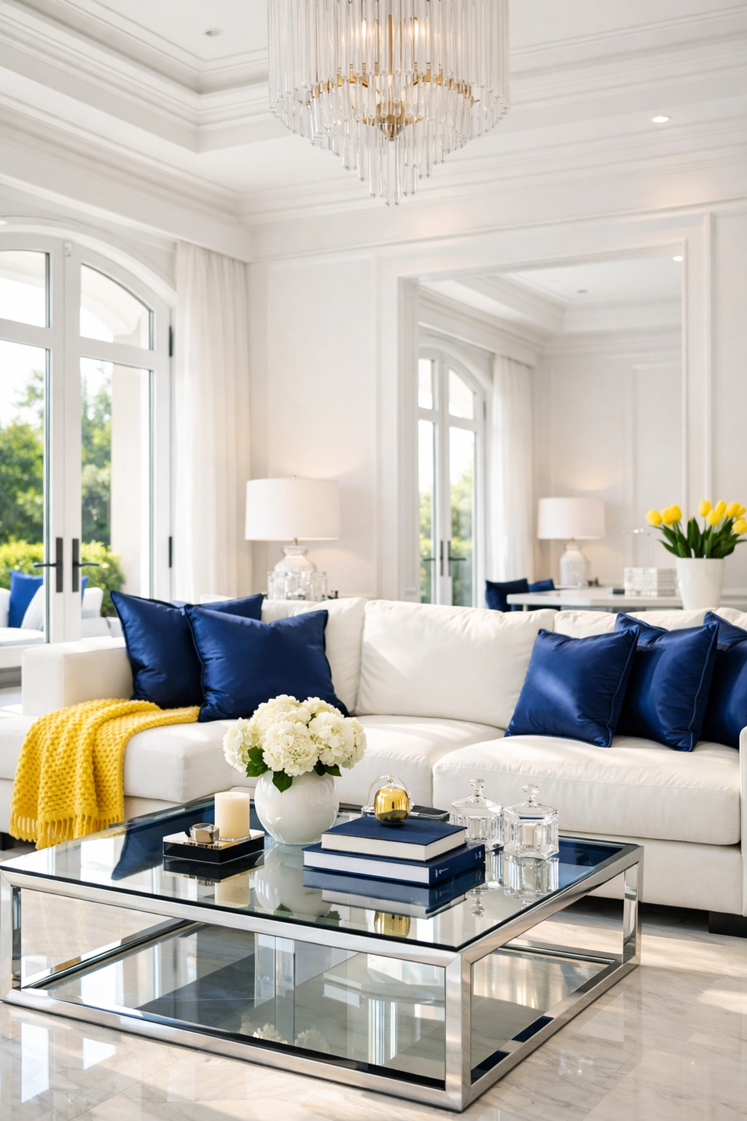 Impeccably organized luxury living room with navy accents, highlighting the benefits of a weekly house cleaning schedule.