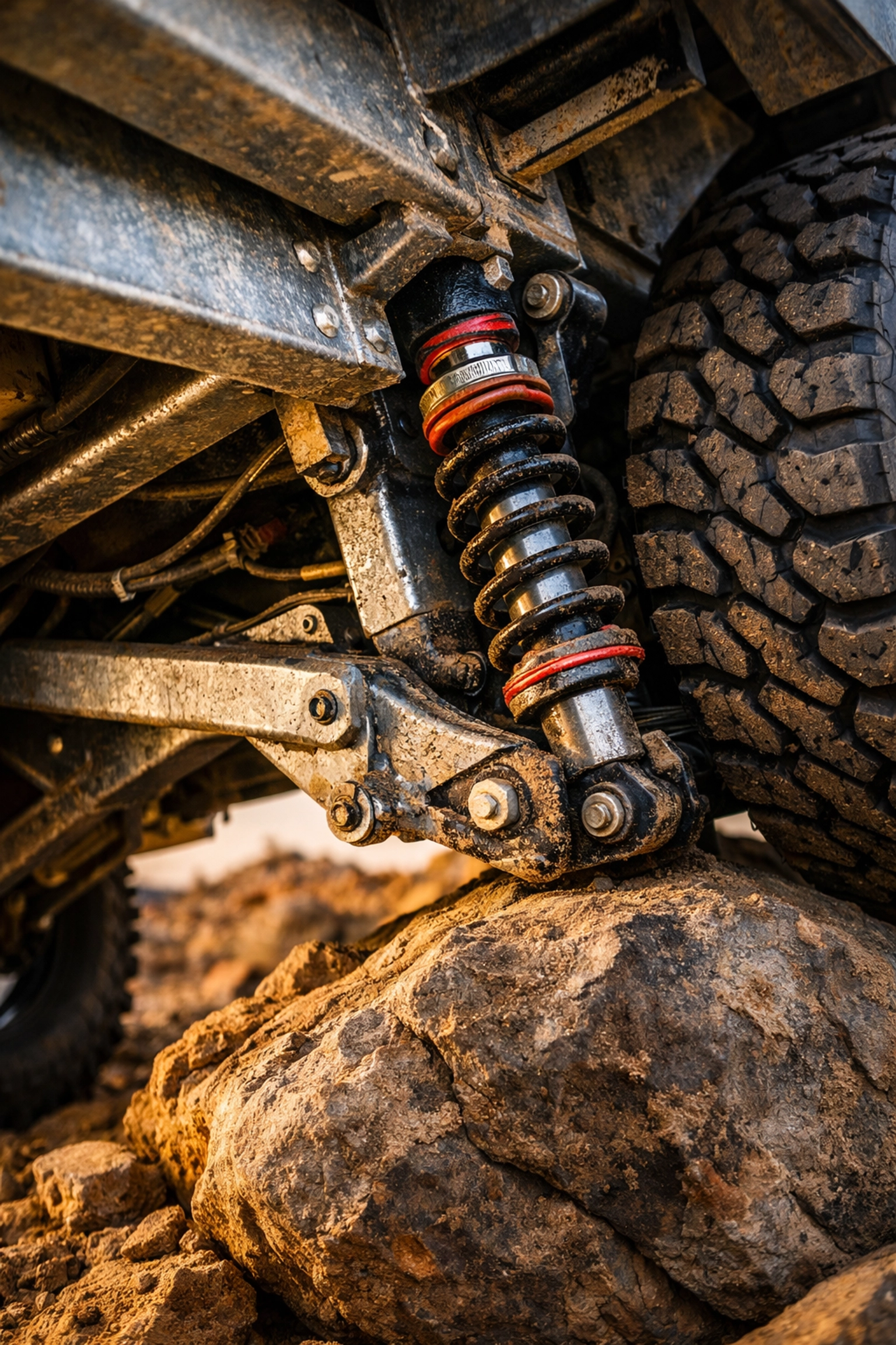 Off-road trailer independent suspension system with coil-over shock navigating rocky terrain