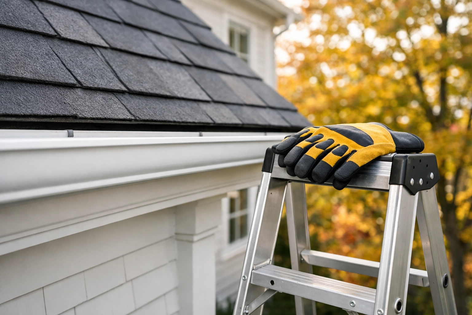 Clean white gutters and work gloves on a ladder representing methodical gutter cleaning Greenwich CT.