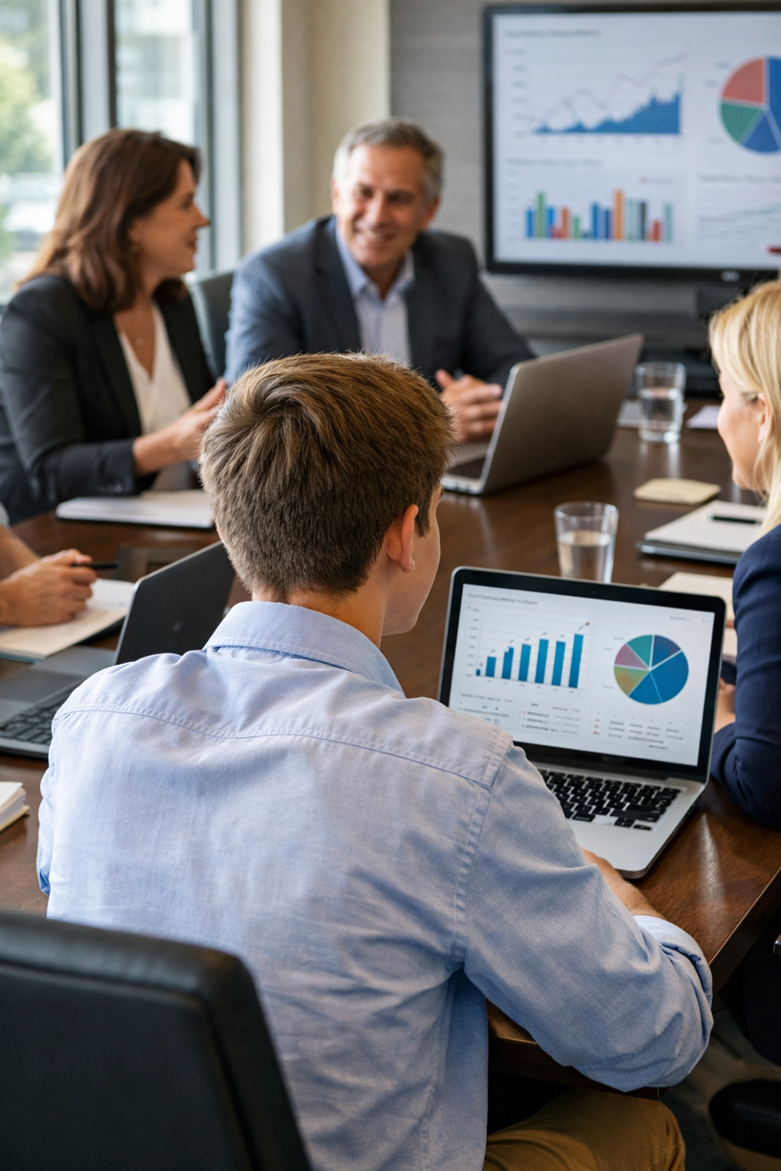 High school student collaborating with business professionals in workplace setting