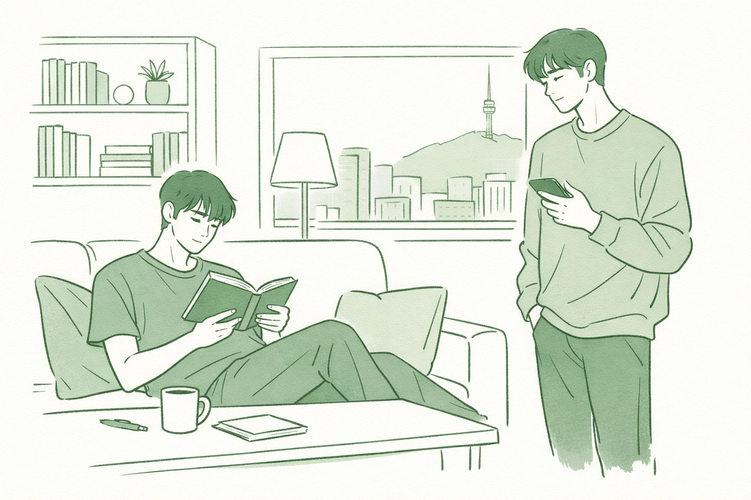 MM couple in modern Seoul apartment showing domestic intimacy in contemporary Korean gay romance story