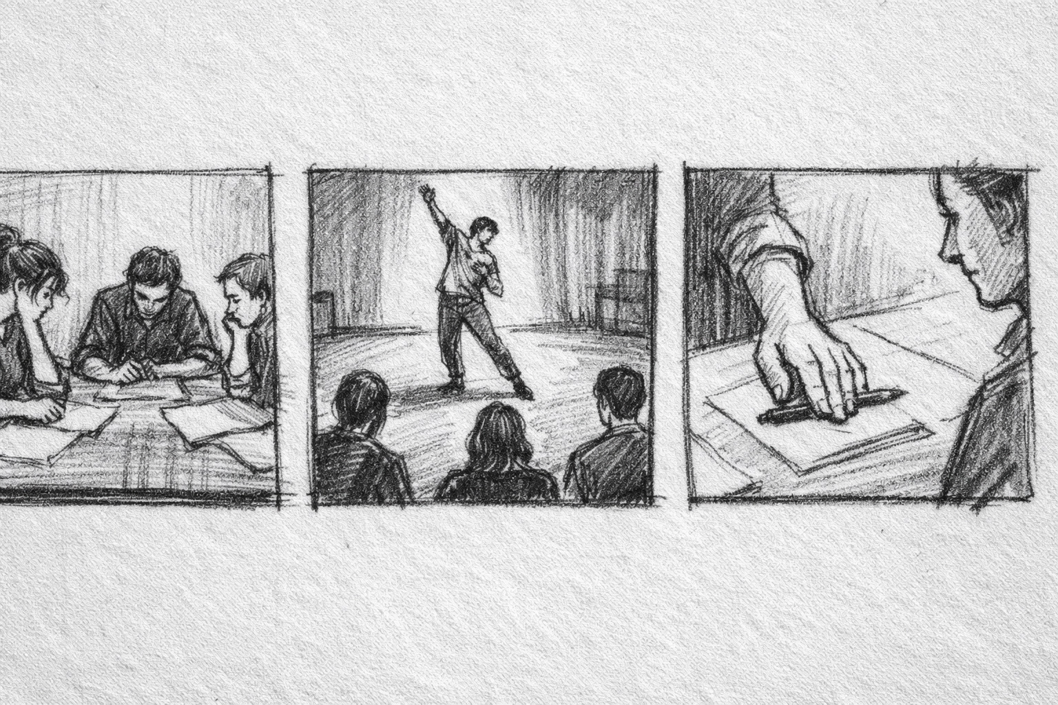 Storyboard sketch: a rehearsal room in 3 panels—tired but present artists, a moment tested in space, a quiet shift