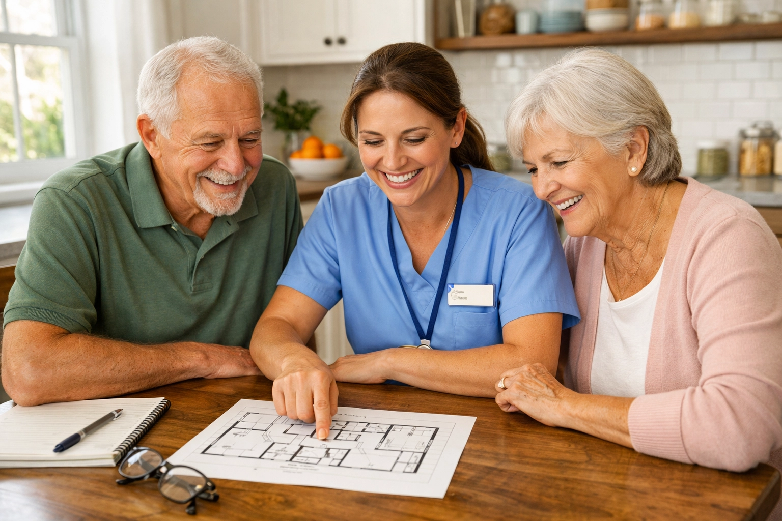 Physical therapist and senior couple reviewing a home safety modification plan and house layout together.