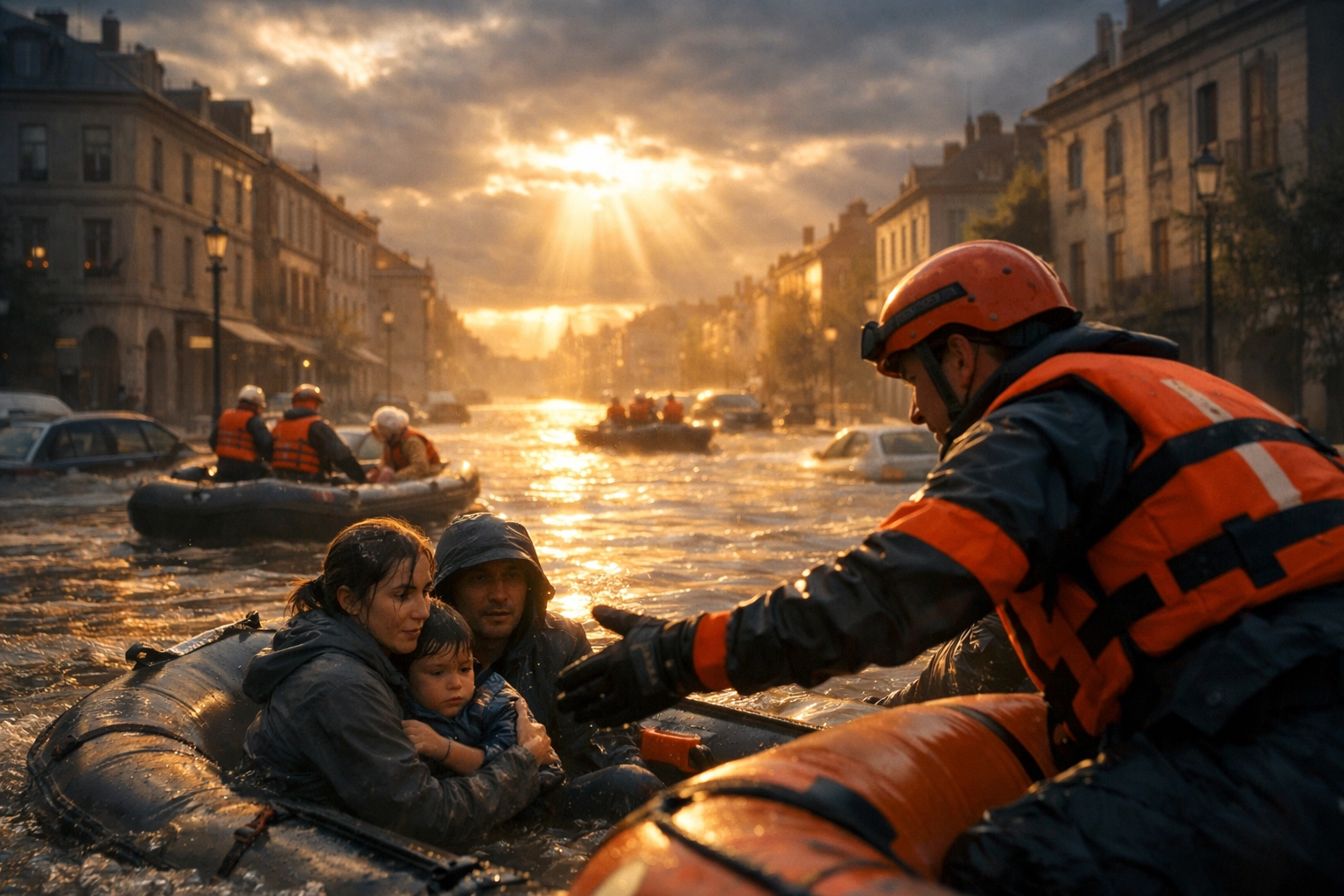 Emergency rescue workers helping families during European flooding caused by Storm Pedro