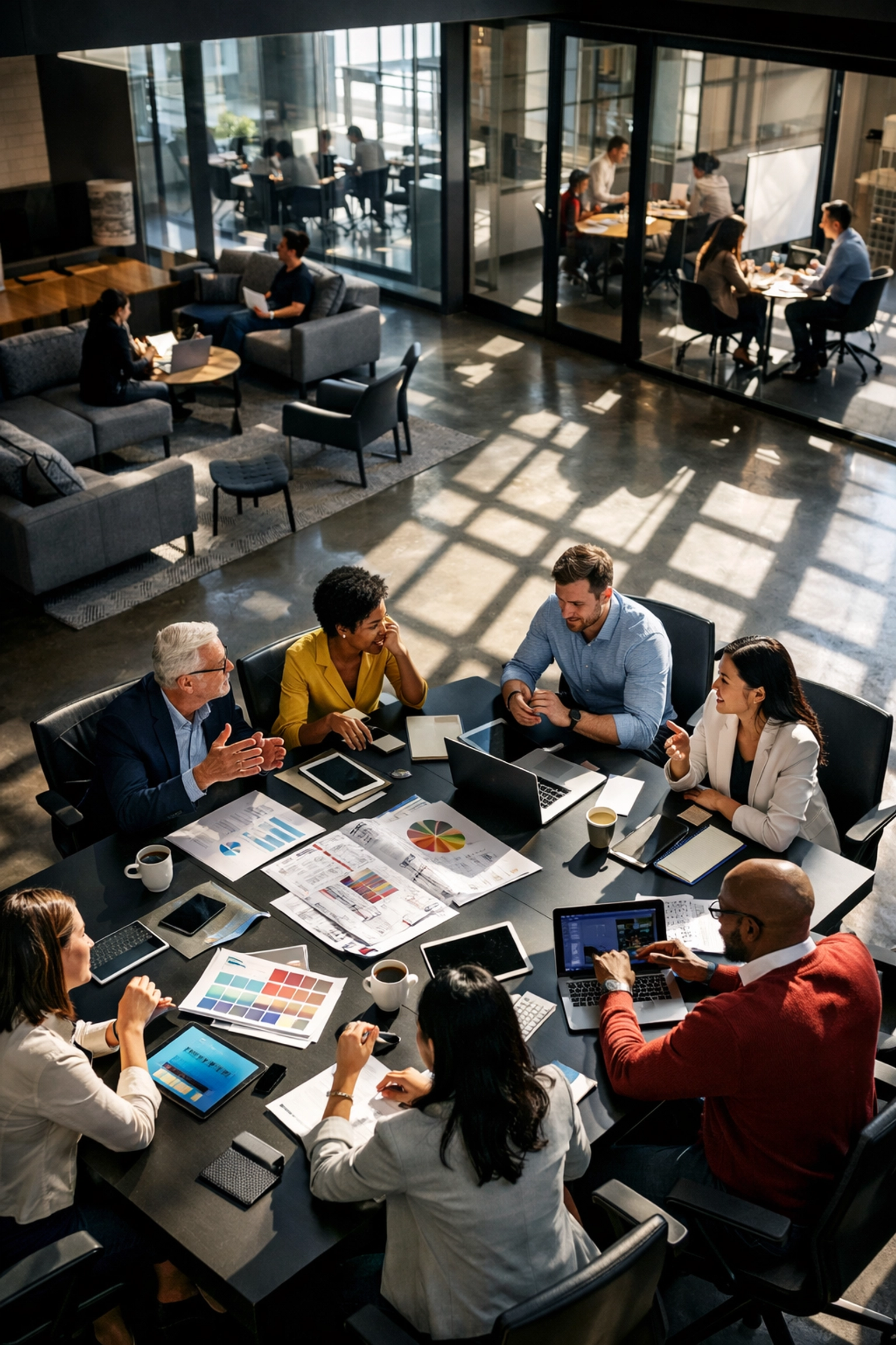 Modern collaborative workspace with professionals in strategic planning session for talent development