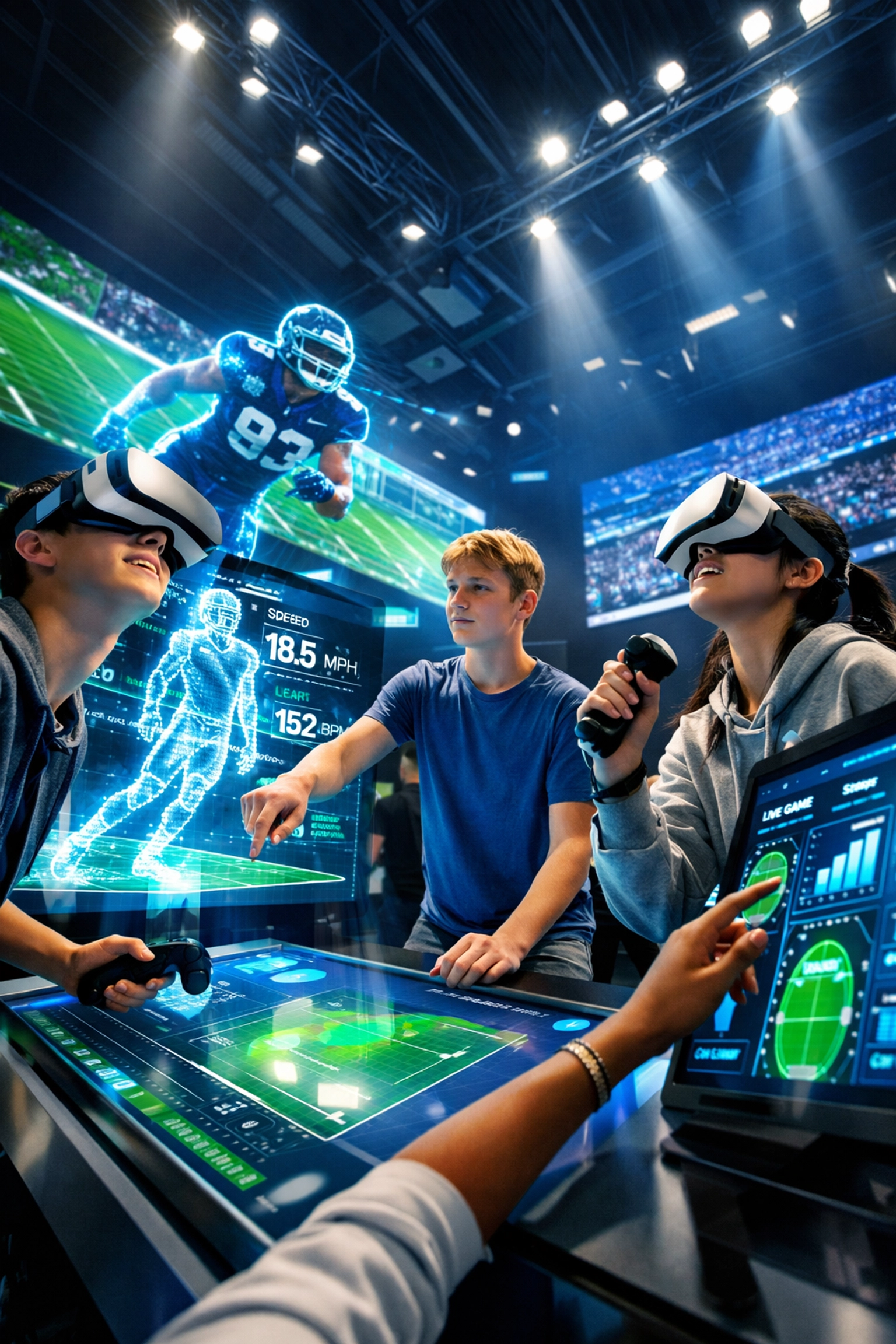 High school students exploring sports technology and STEM education at Super Bowl fan experience