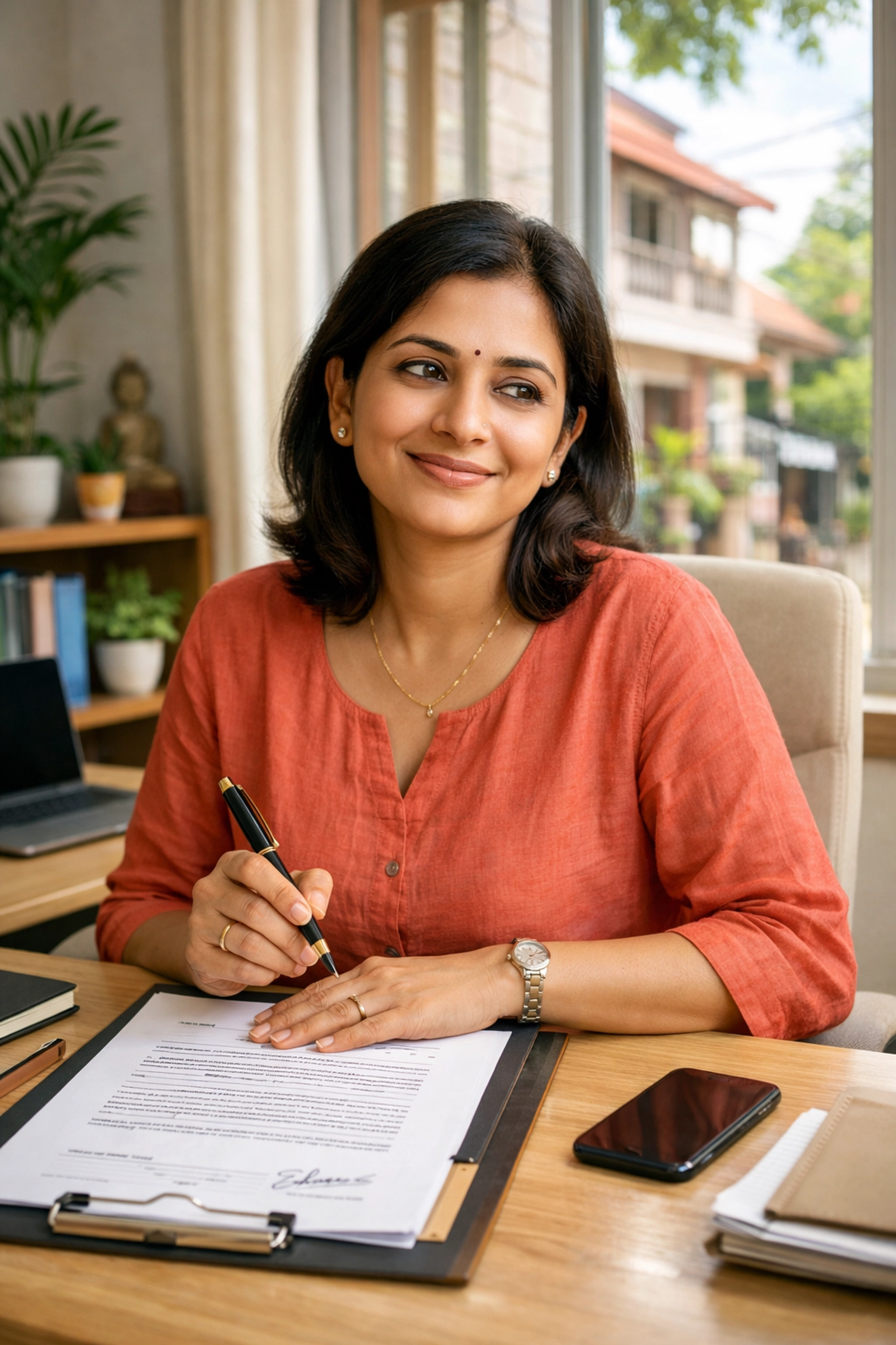 Relieved Indian woman reviewing legal documents regarding maintenance and alimony claims under BNSS.