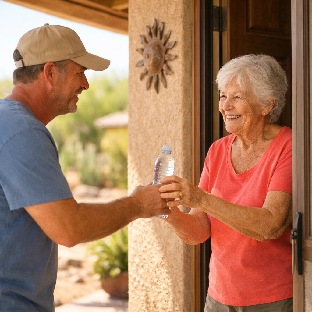 Man handing water to an elderly neighbor on a sunny Arizona porch for community heat safety.