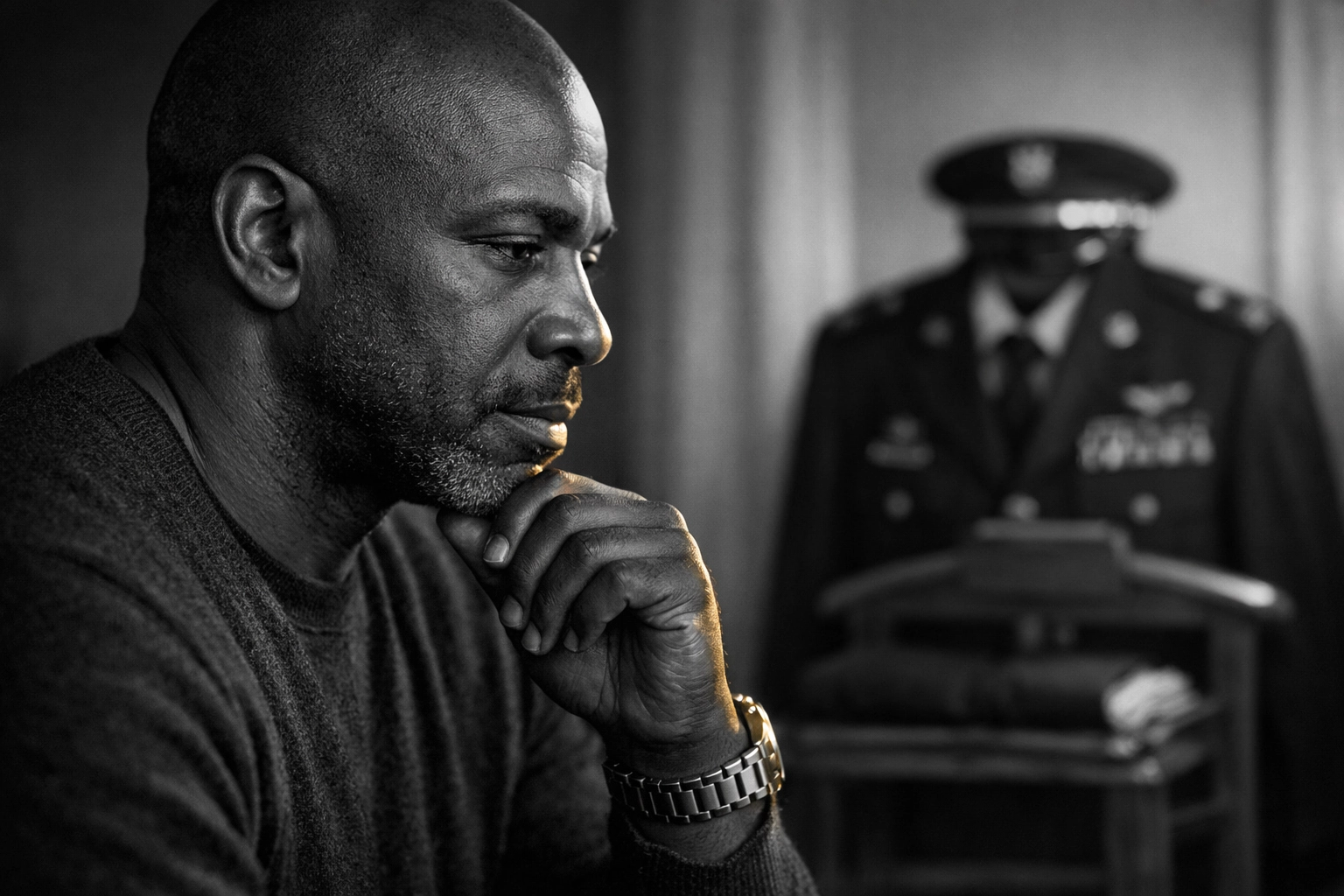Black male veteran reflecting on his identity while looking at a folded military uniform.