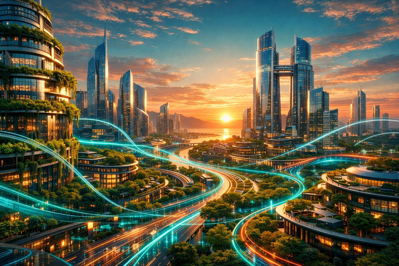 Futuristic sustainable smart city symbolizing a global network of ethical Web3 payments and social impact.