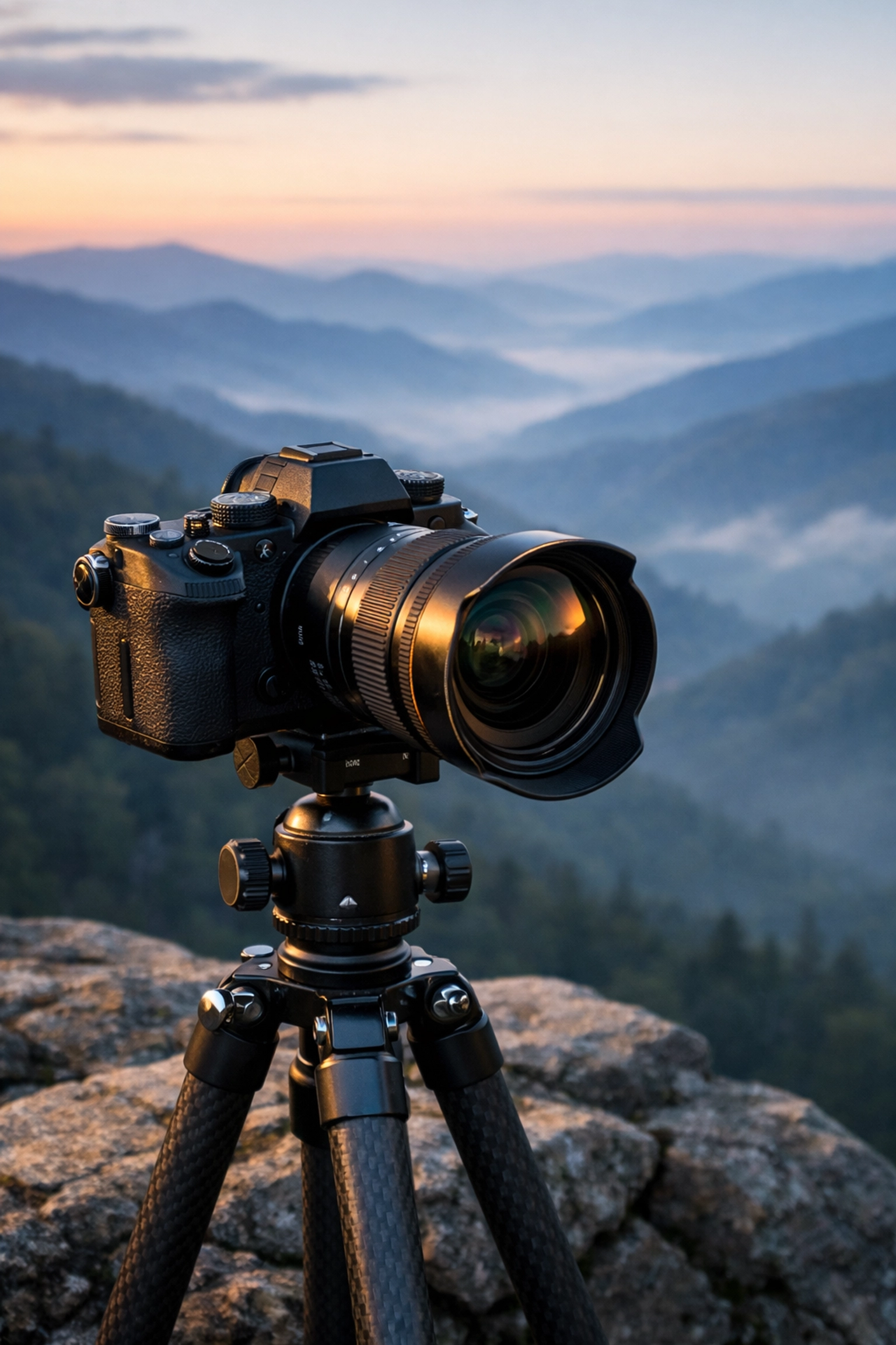 Professional camera on a tripod in the Smoky Mountains, showing essential landscape photography gear.