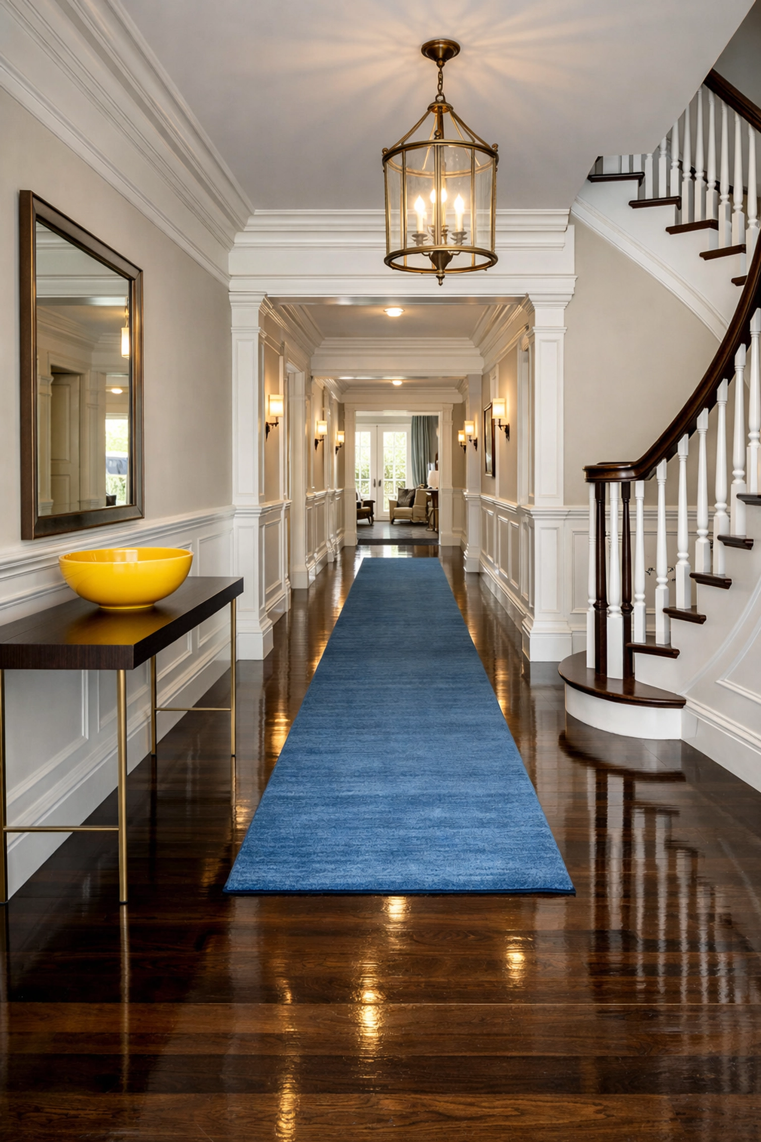 Polished wood floors in a grand Wellesley entryway following a professional house cleaning visit.