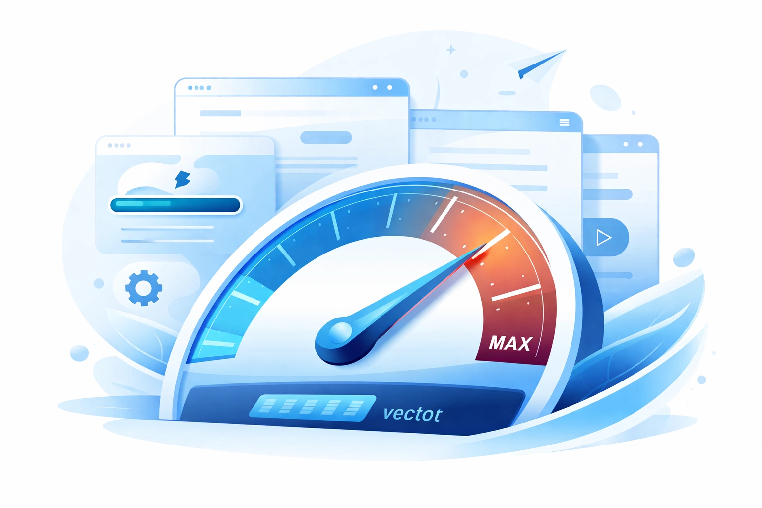 Website speedometer showing maximum performance, emphasizing the importance of site optimization