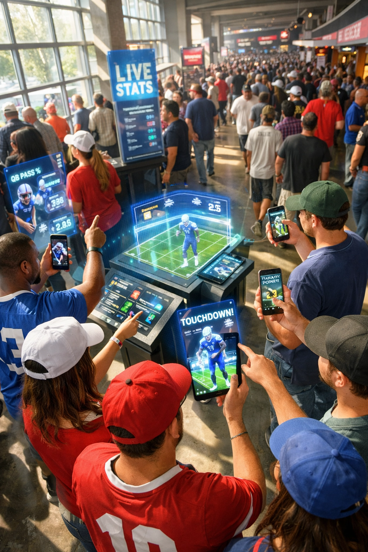 Super Bowl 2026 fans engaging with interactive AR displays at stadium concourse