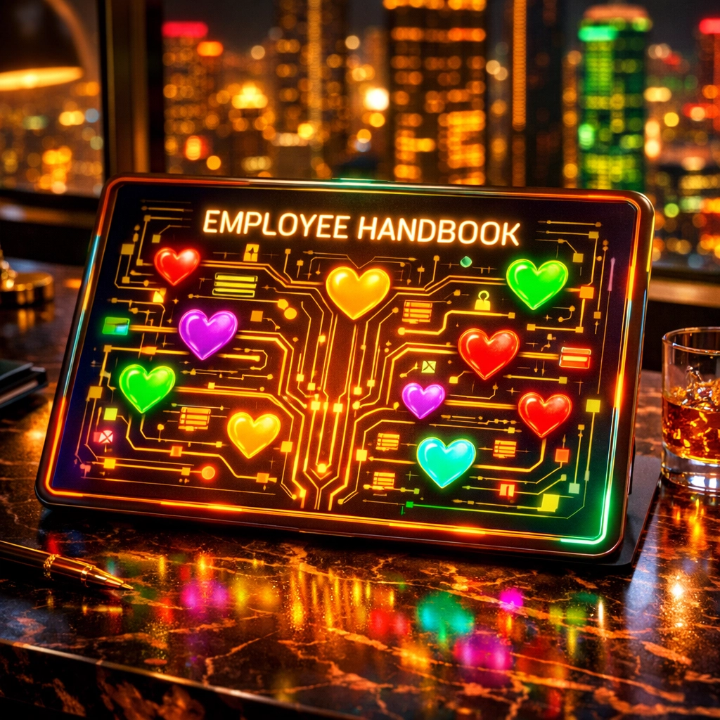 Digital tablet with heart-shaped nodes on a marble desk representing an office dating policy.