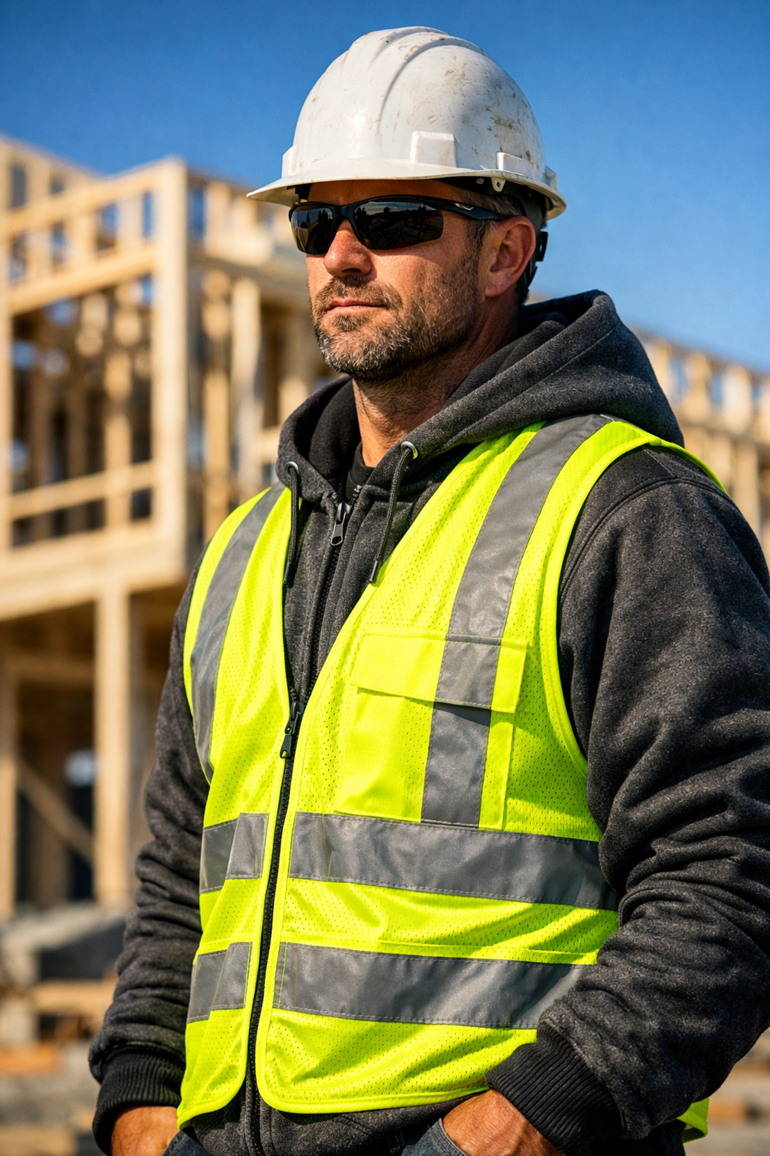 Construction worker wearing high-visibility safety gear and a rugged hoodie on a job site.
