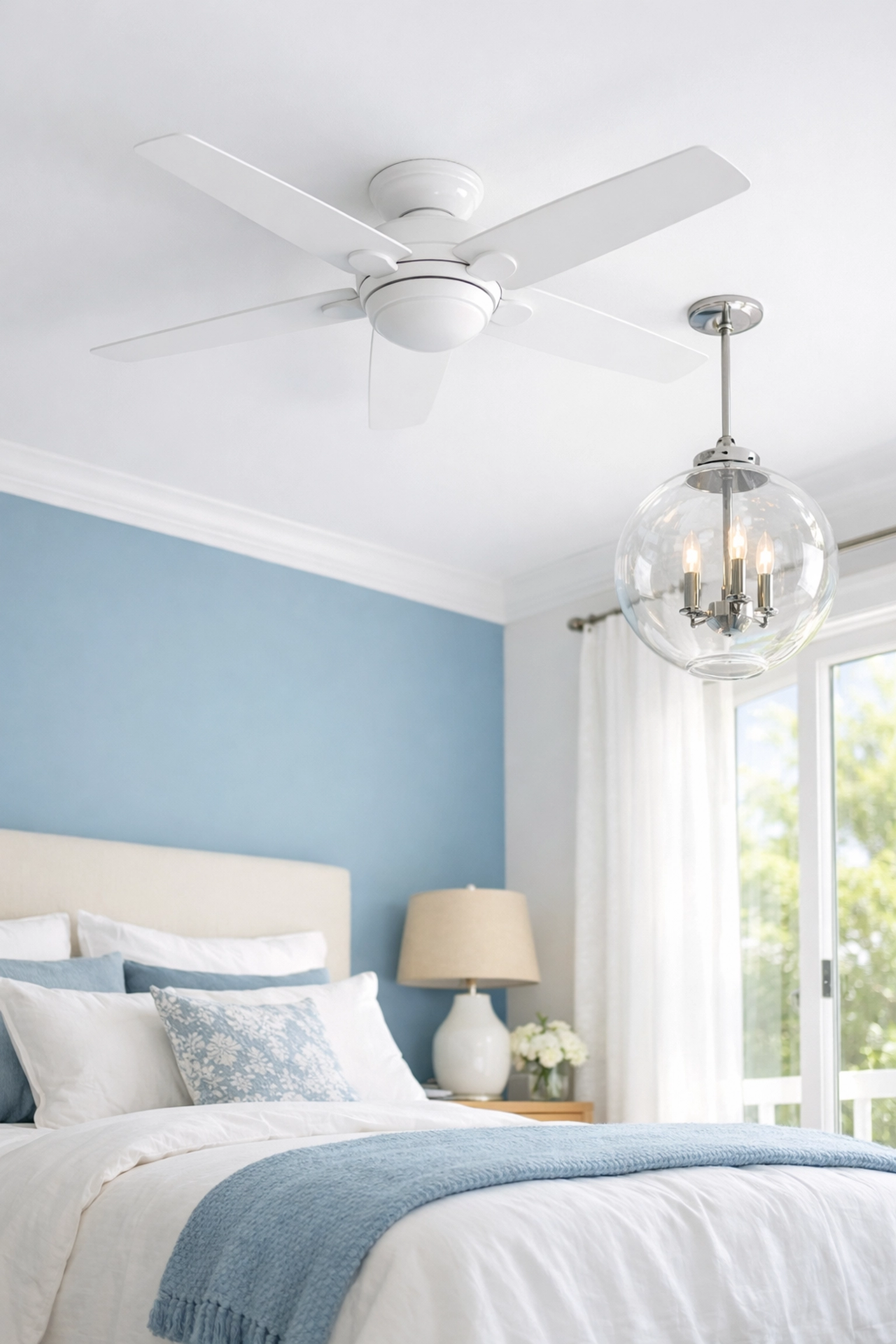 Pristine guest room with a clean ceiling fan and polished light fixtures, highlighting detailed house cleaning.