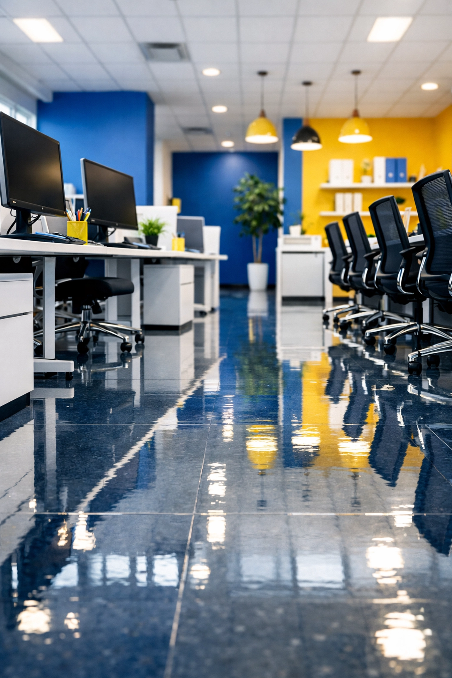 Spotless open-plan office in Tewksbury showing professional janitorial excellence and glossy VCT floors.