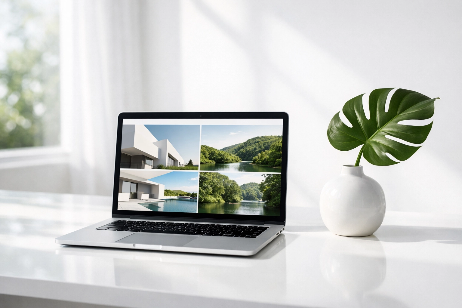 A professional business website displayed on a silver laptop in a bright, modern office setting.