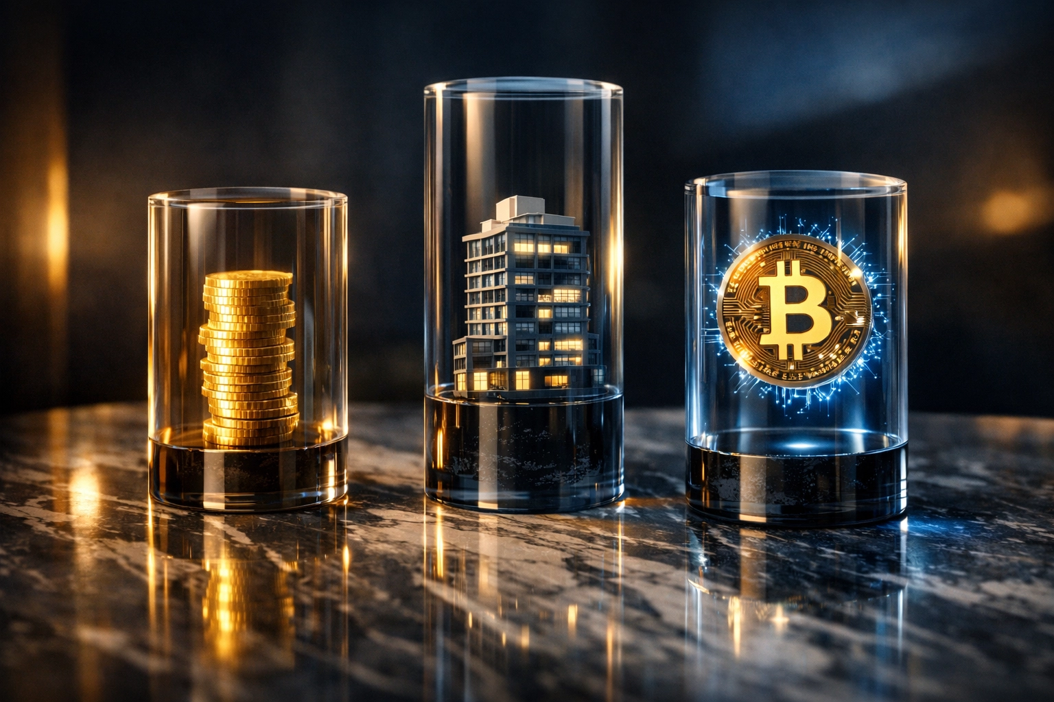 Three pillars representing private equity, real estate, and digital asset alternative investments