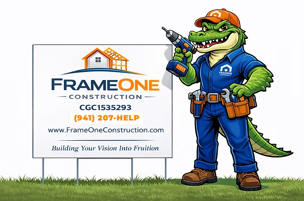 Mascot Gator Next to FrameOne Construction Lawn Sign
