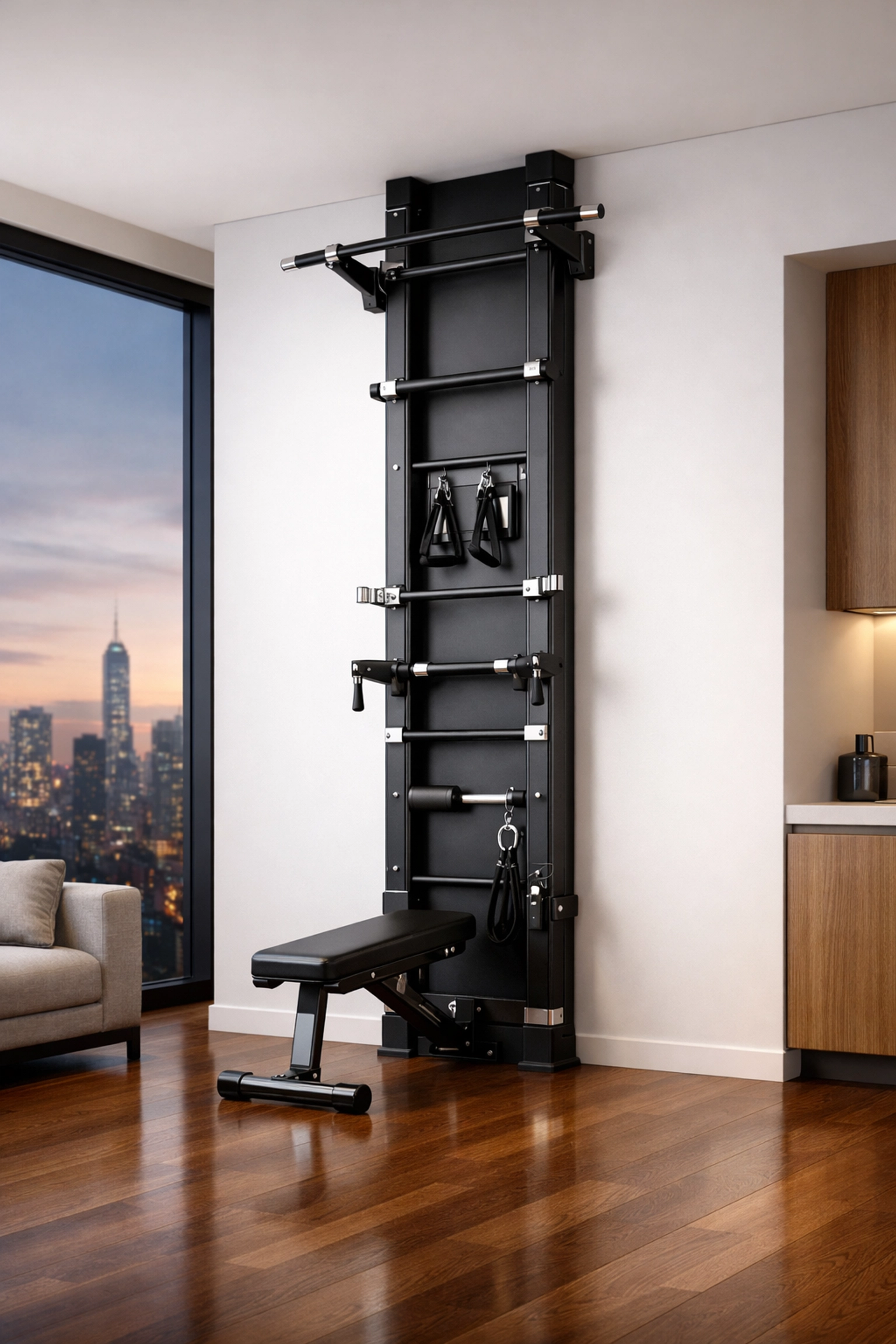 Modern floor to ceiling gym rail in a minimalist apartment for a versatile home gym with no wall damage.