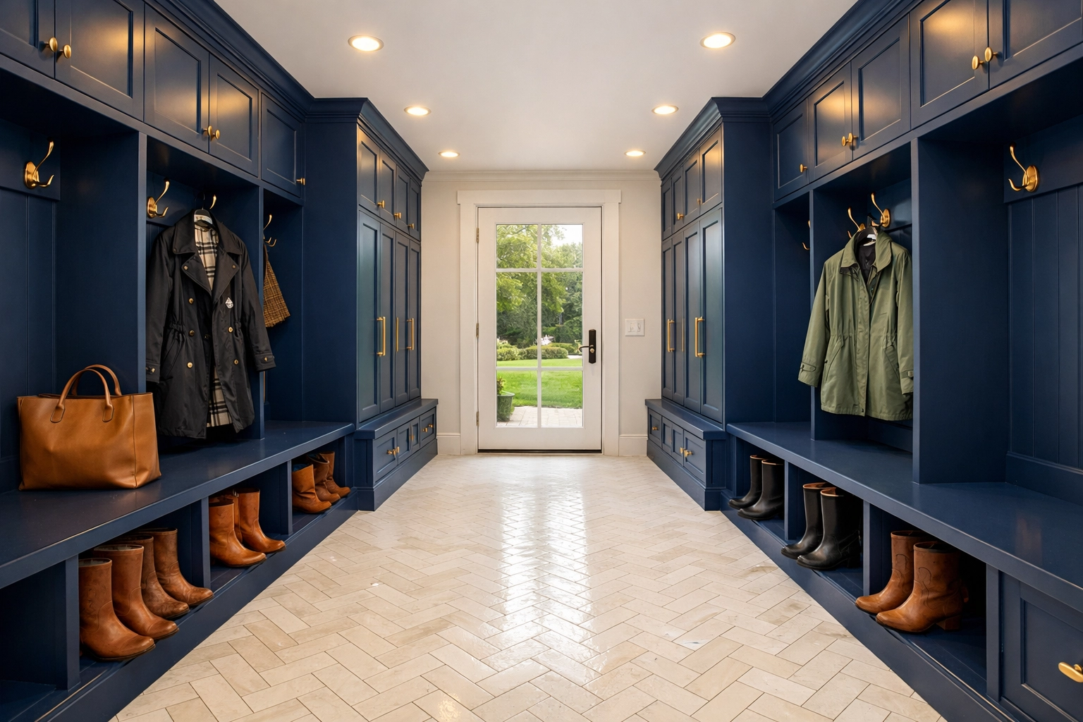 A spotless Brookline mudroom with navy cabinets and clean tile floors, part of Luxury House Cleaning in Brookline MA.