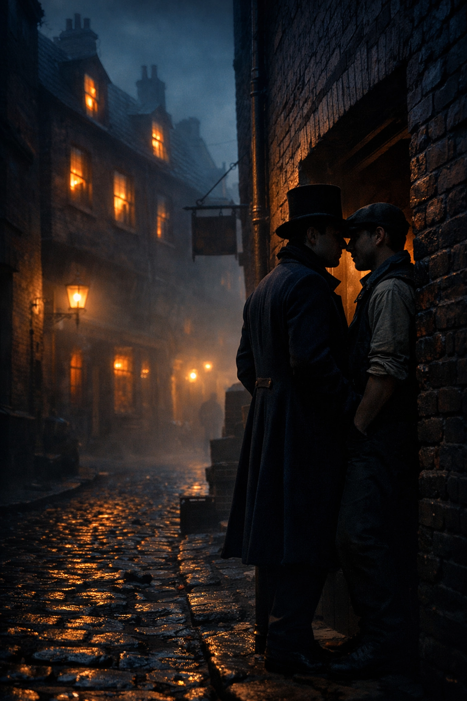 Victorian London foggy street with two gay men meeting in doorway at dusk