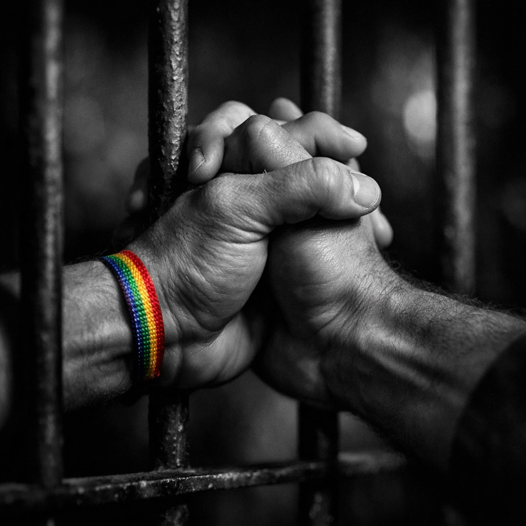Two men holding hands through prison bars with rainbow bracelet representing LGBTQ+ love and hope