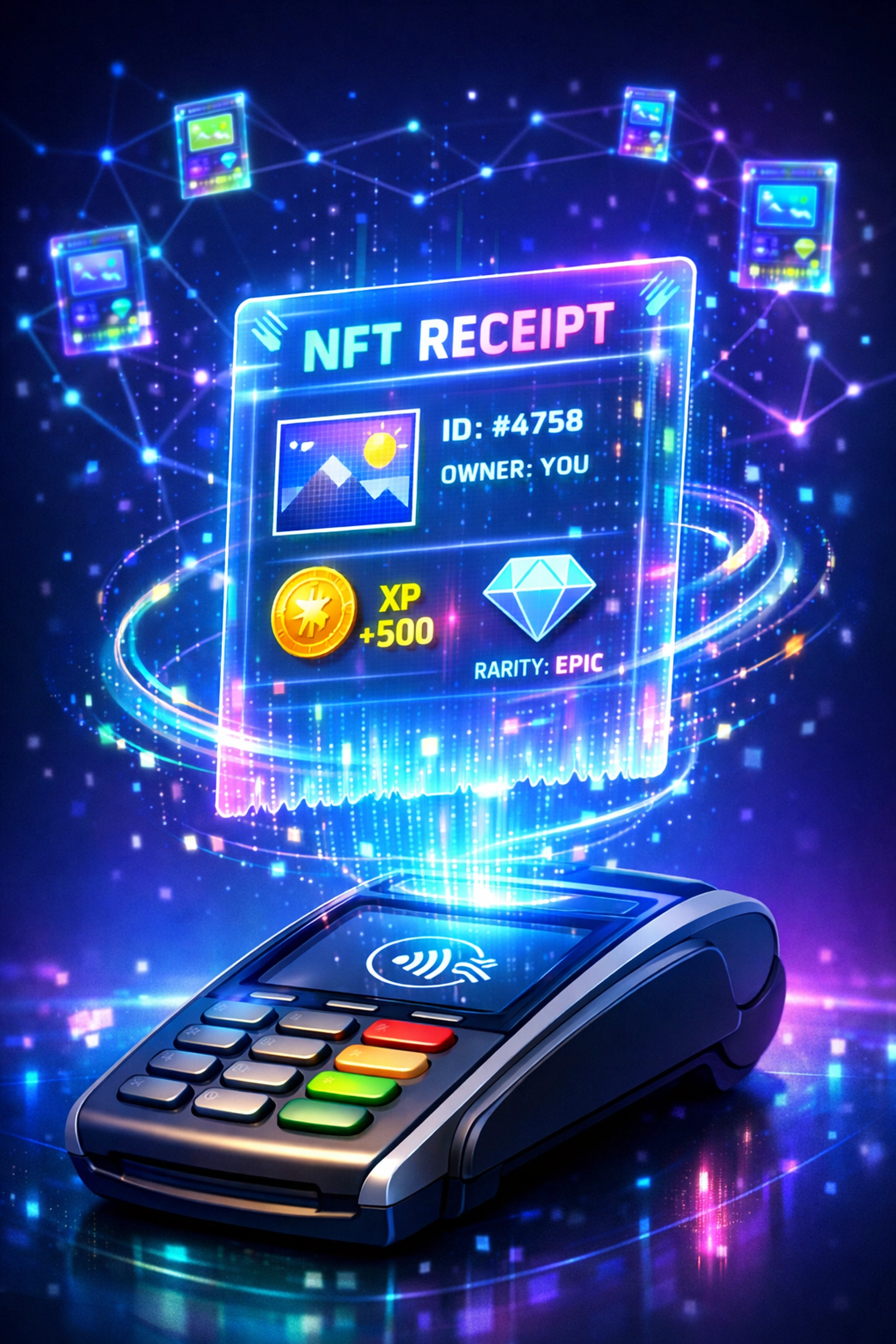NFT receipt hologram above contactless crypto POS terminal demonstrating Web3 payment innovation