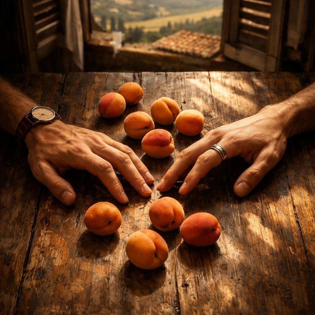 Two men's hands reaching across table with apricots - intimate MM romance moment