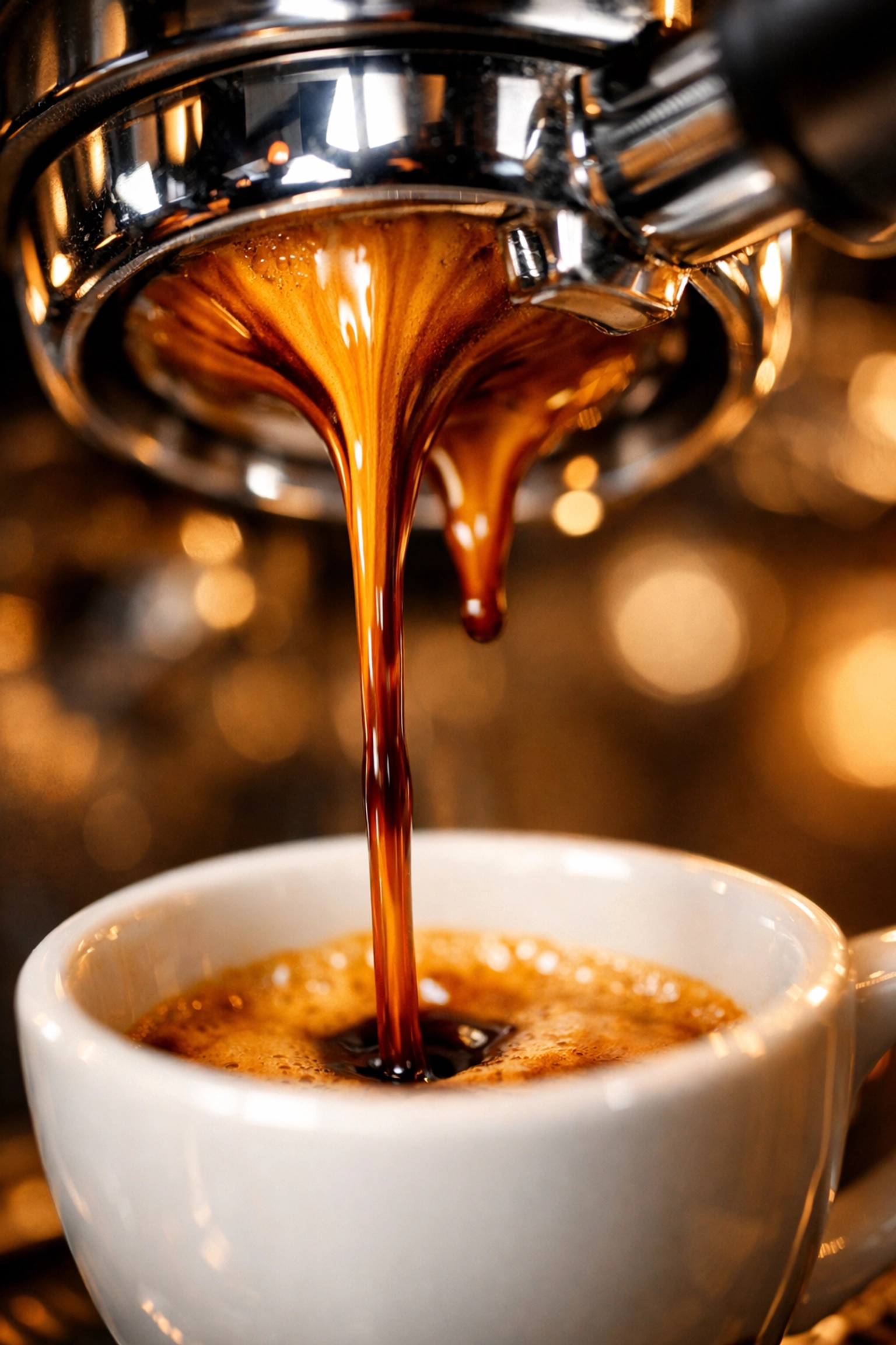 Espresso shot being extracted from portafilter with rich crema flowing into cup