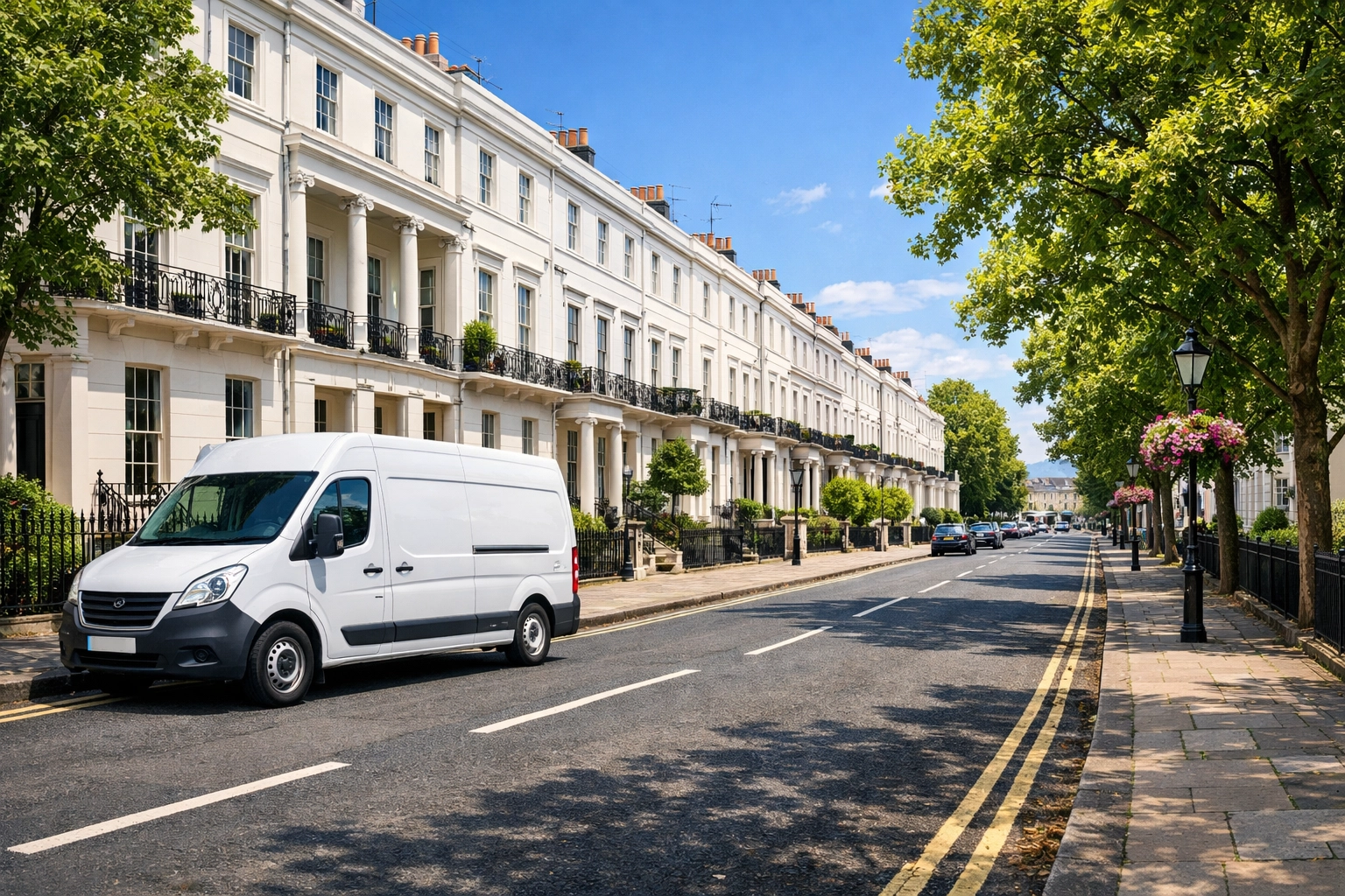 A professional security installation van parked on a traditional Regency-style street in Cheltenham.