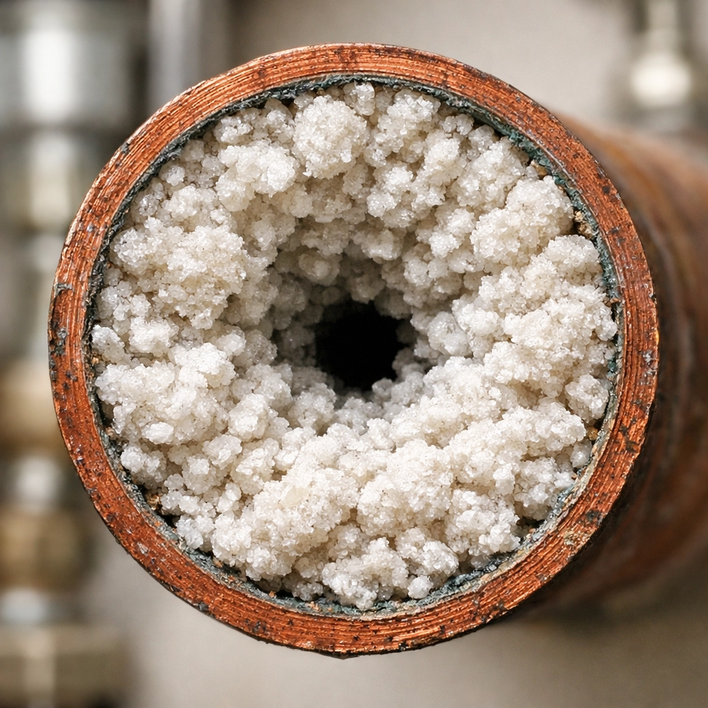 Cross-section of a copper pipe blocked by thick white limescale in a Northamptonshire home's central heating system.