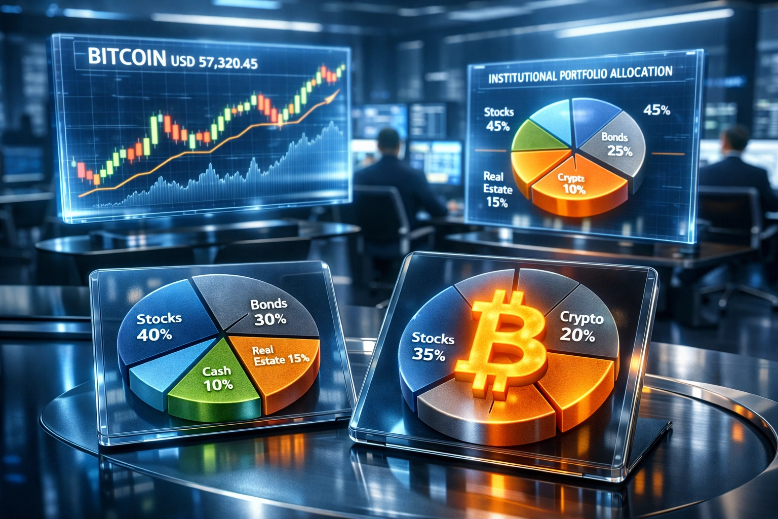 Institutional Bitcoin portfolio allocation displayed on modern trading floor with cryptocurrency charts
