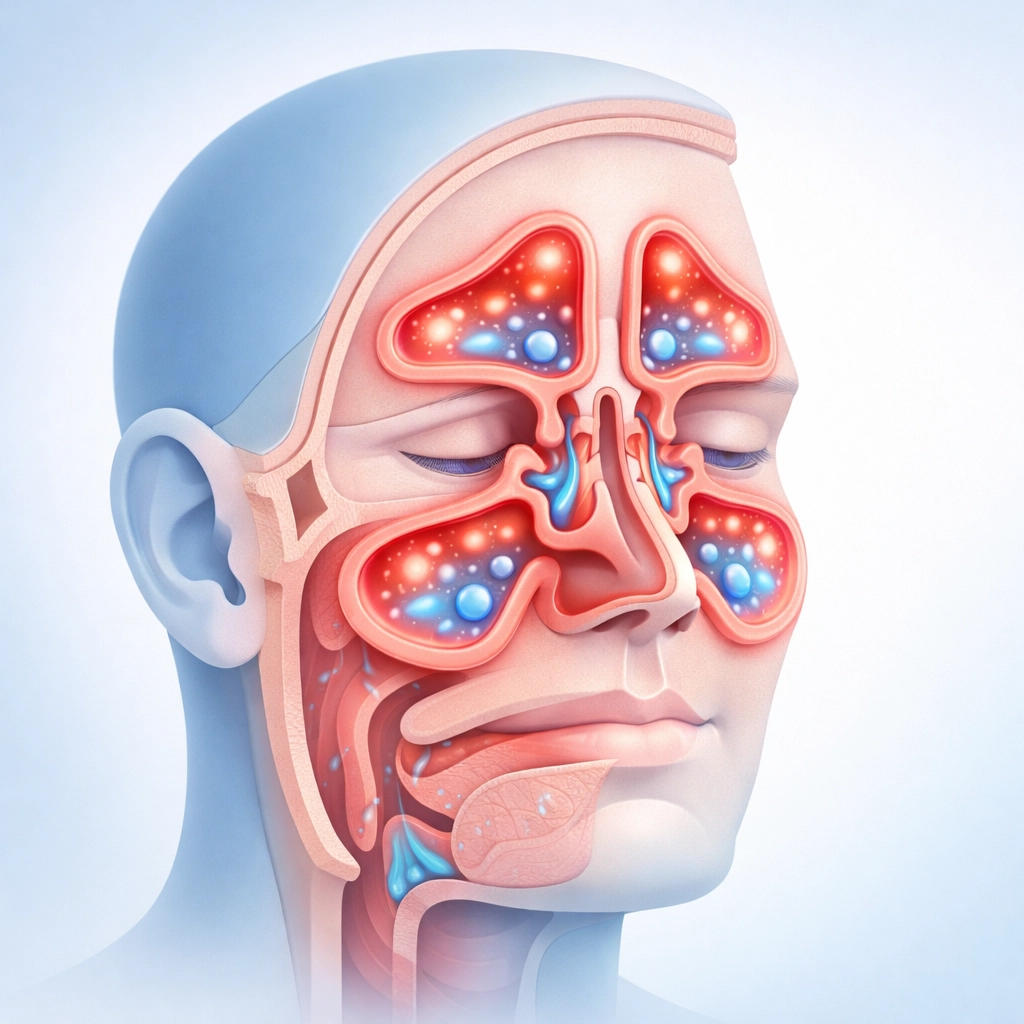 Inflamed facial sinuses showing sinus infection with mucus buildup and inflammation