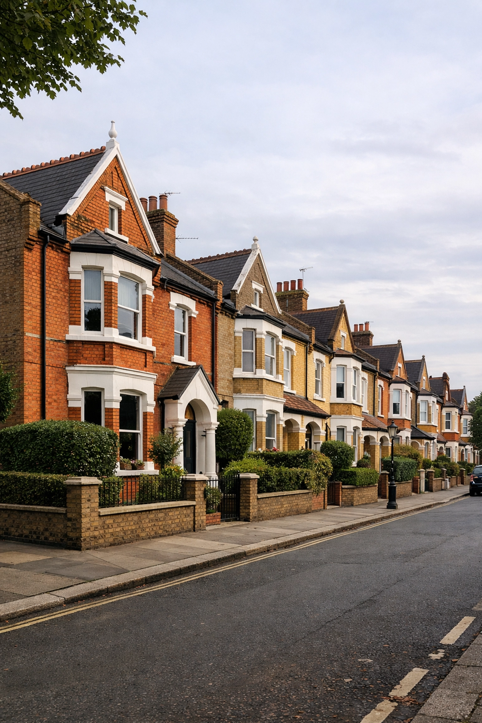 Traditional Victorian brick houses on a quiet residential street in Redbridge near Wanstead, East London.