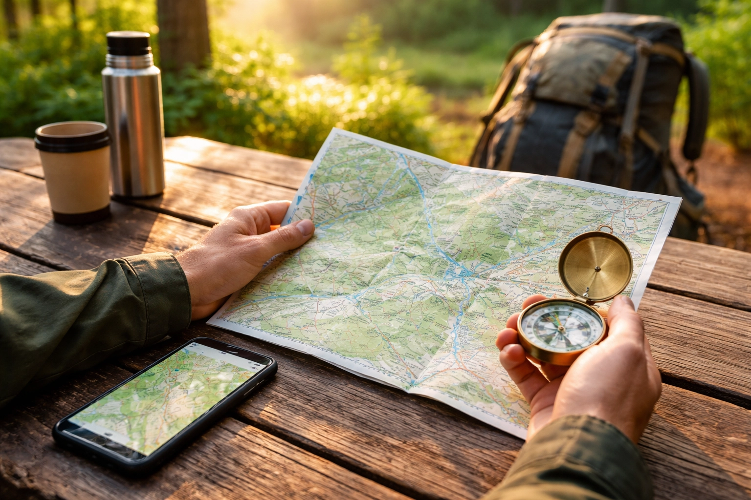 Hiker prepping for wild camping adventure in UK with map, compass, and backpack in natural setting