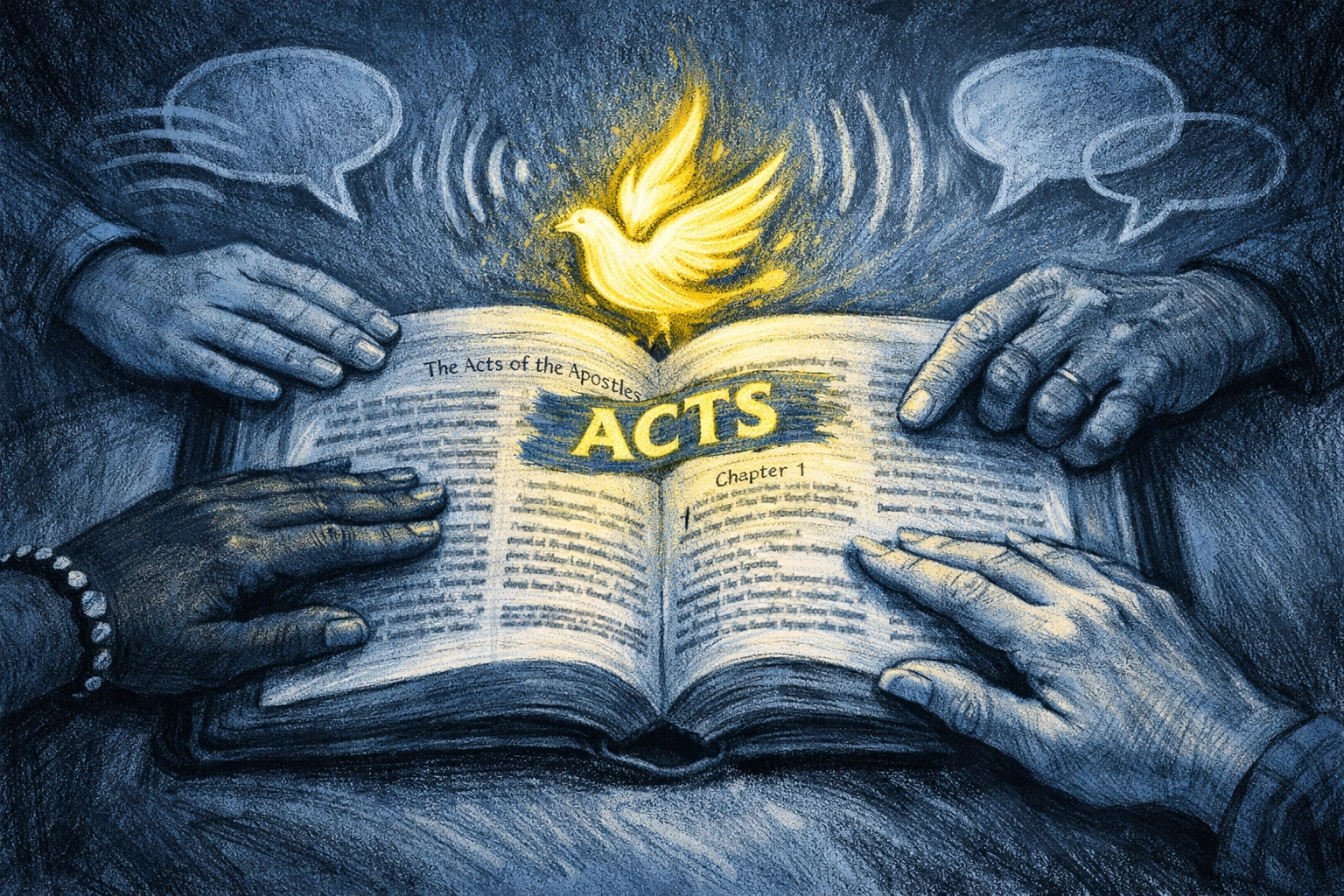 [IMG] Open Bible in Acts with Holy Spirit symbolism