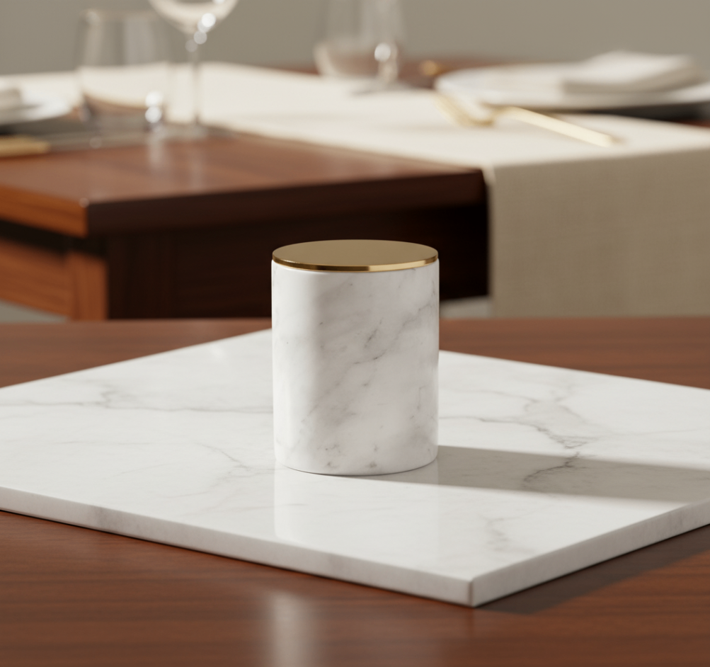 White marble cylindrical container with gold lid