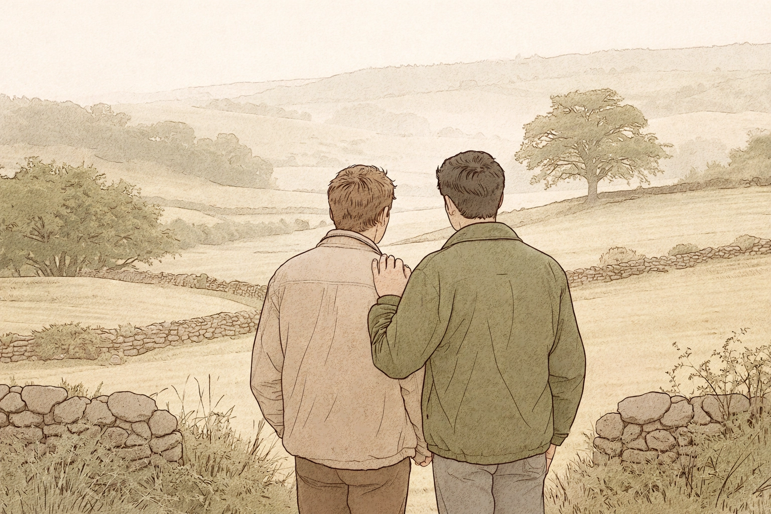Two men stand close together at the edge of an English field, symbolizing rural tradition and emotional truth.