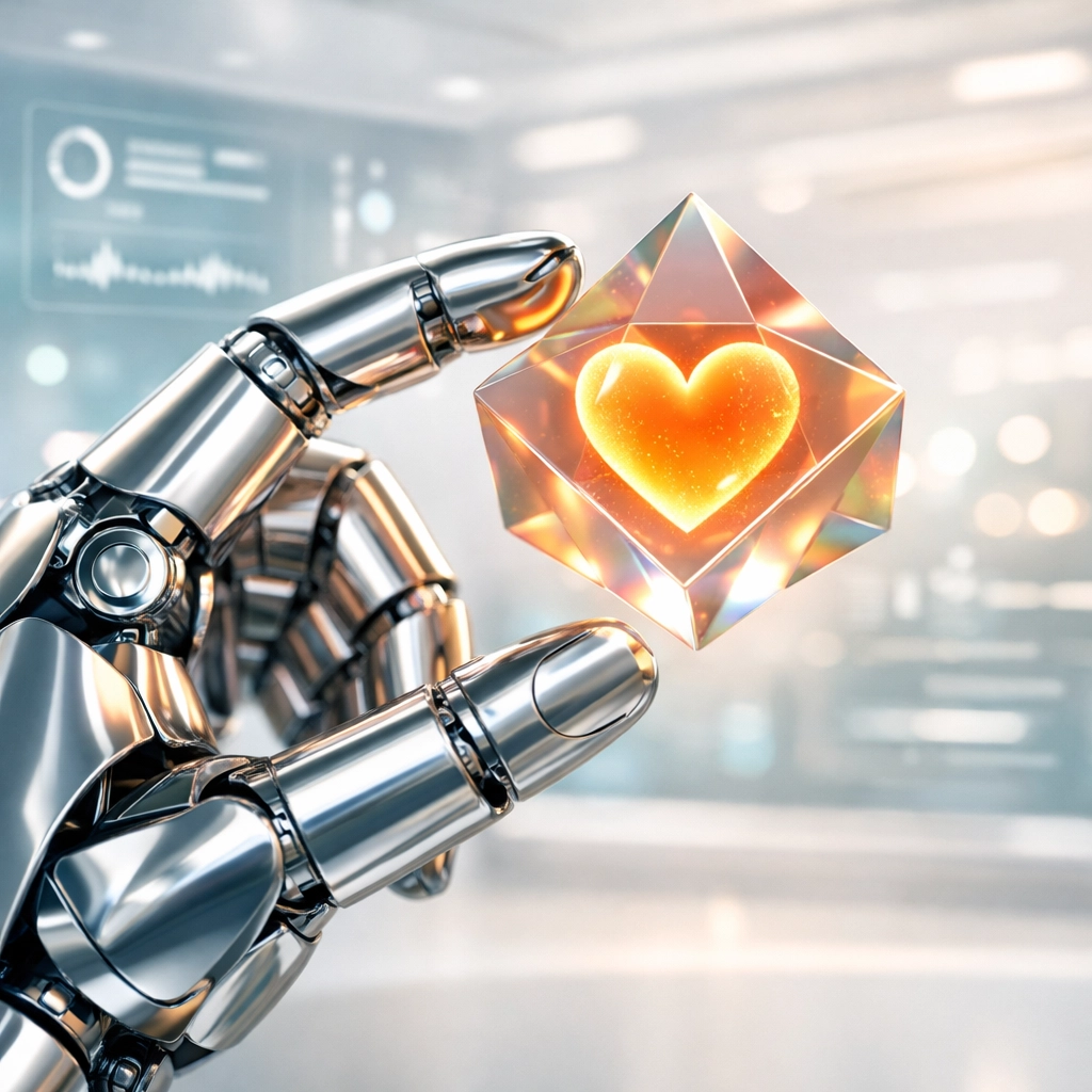 A robotic hand interacting with a digital heart symbolizing custom software development and human-centric AI.
